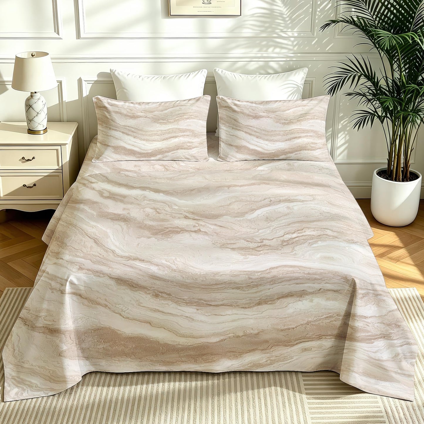 Marble Sheet Set, 4 Pcs Full Size Modern Bed Sheets, Beige