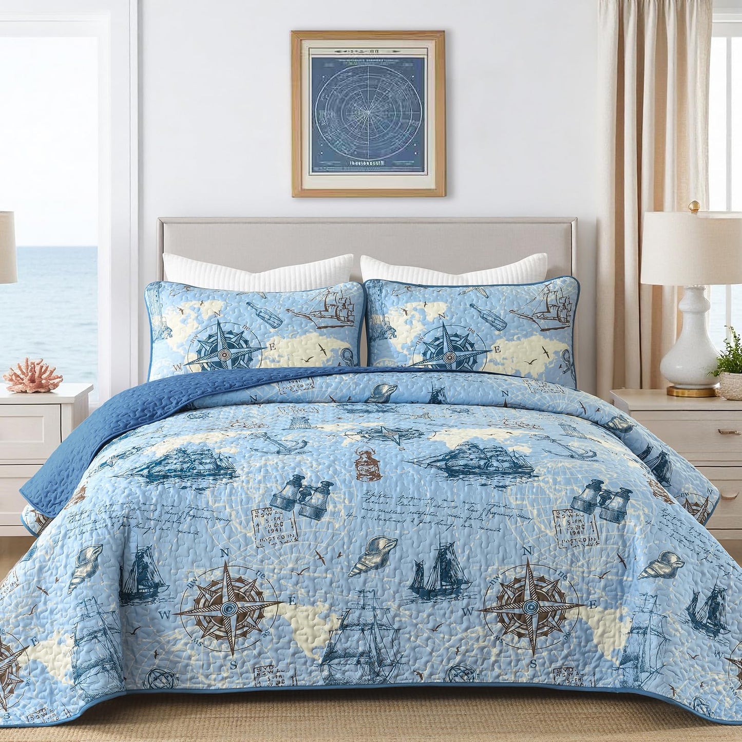 DJY Beach Quilt Set Queen Size,3 Piece Anchor and Sea Horse Coastal Ocean Bedspread Coverlet Set with 2 Pillow Cases Lightweight Soft Microfiber Bedding Set Thin Quilt for All Seasons (96"x90")