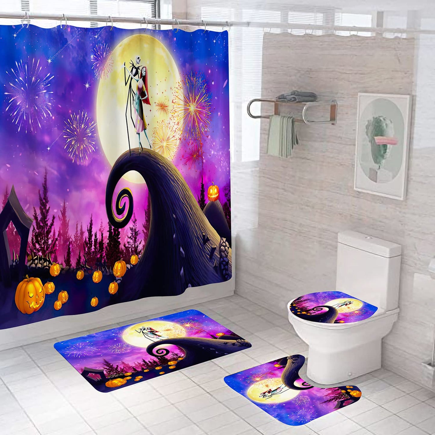 DDS-DUDES 4Pcs Christmas Shower Curtain Sets Kids Bathroom Halloween Decor with 12 Curtain Hooks for Bathroom, Waterproof 71 x 71 inch (D0029)