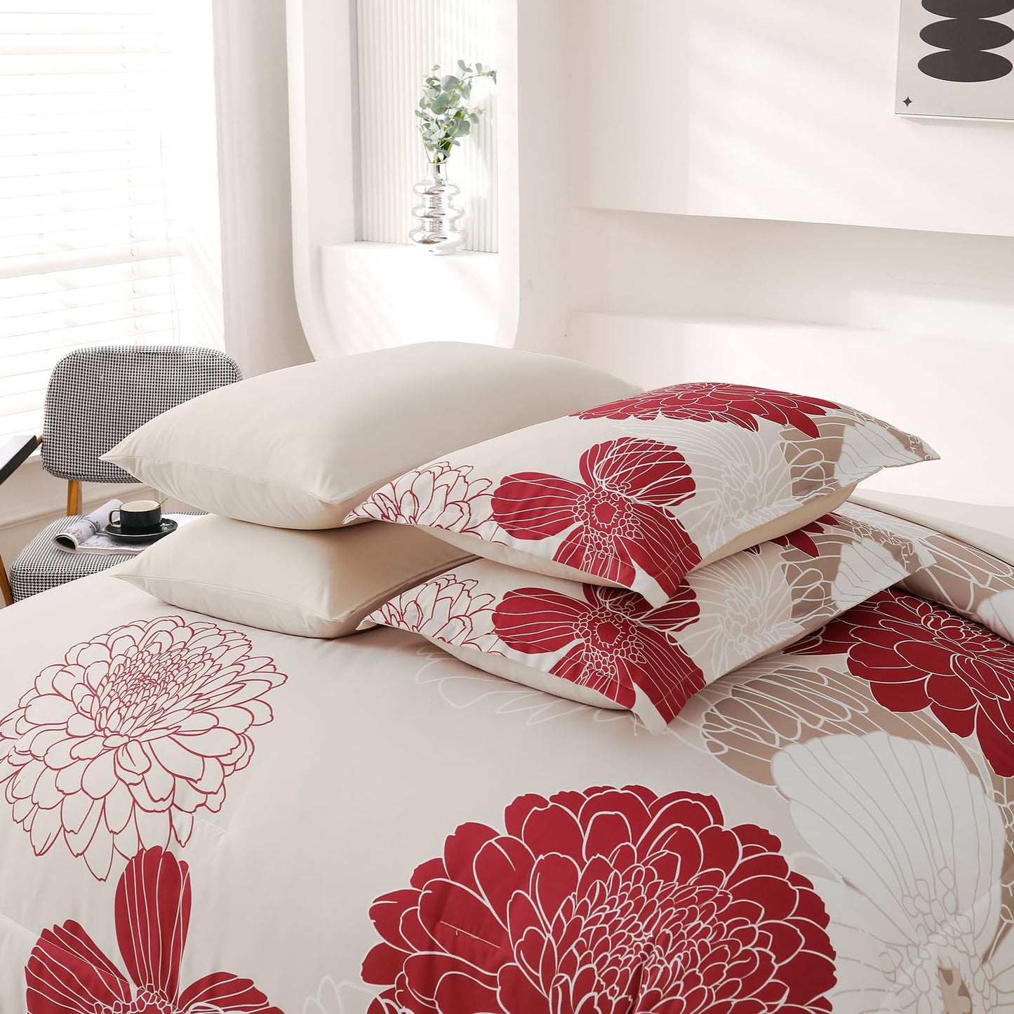 Yiran 7 Pieces Queen Comforter Set Red Floral Bed in a Bag Soft Microfiber Bedding Set 90"×90"(1 Comforter 1 Flat Sheet 1 Fitted Sheet 2 Pillowshams 2 Pillowcases)