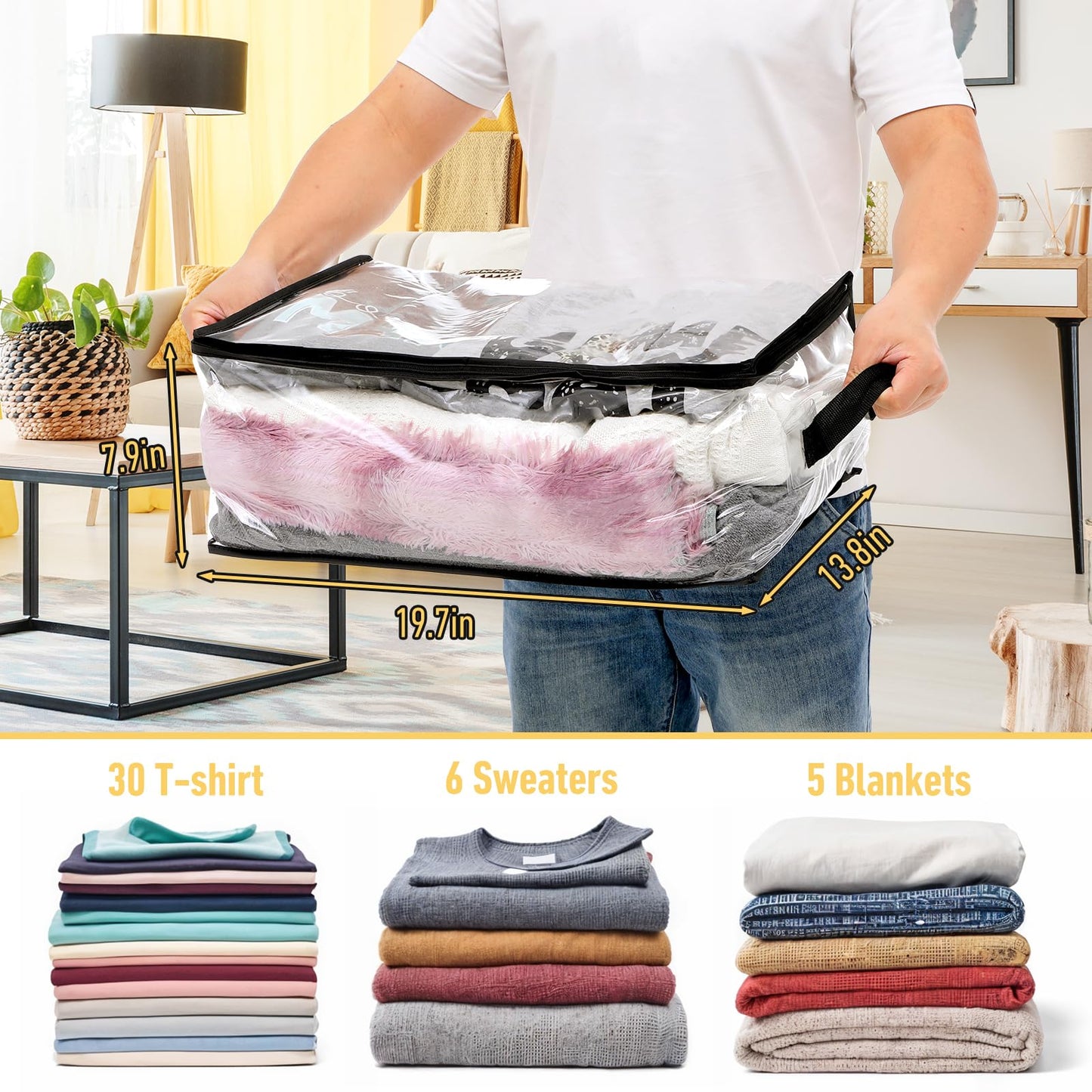 6Pcs Clear Blanket Storage Bags with Zipper, Plastic Storage Bags for Closet Clothes Comforter Toys Sweaters Bedding, Bed Sheet Organizers (35L, 9.5 Gallons)
