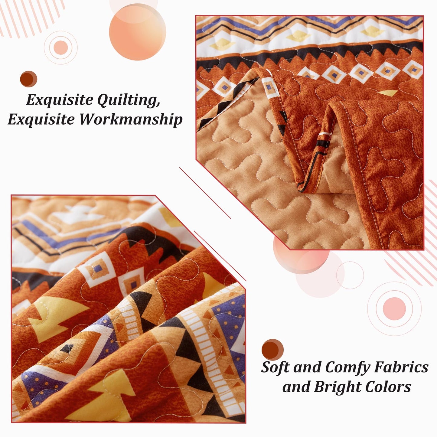 WONGS BEDDING 3 Pieces Quilt Set California King, Burnt Orange/Rust Thanksgiving Quilt Bedspread Bohemian Coverlet Set with 2 Pillowcase, Fall Soft Thanksgiving Bedding Set All Season 106"×96"