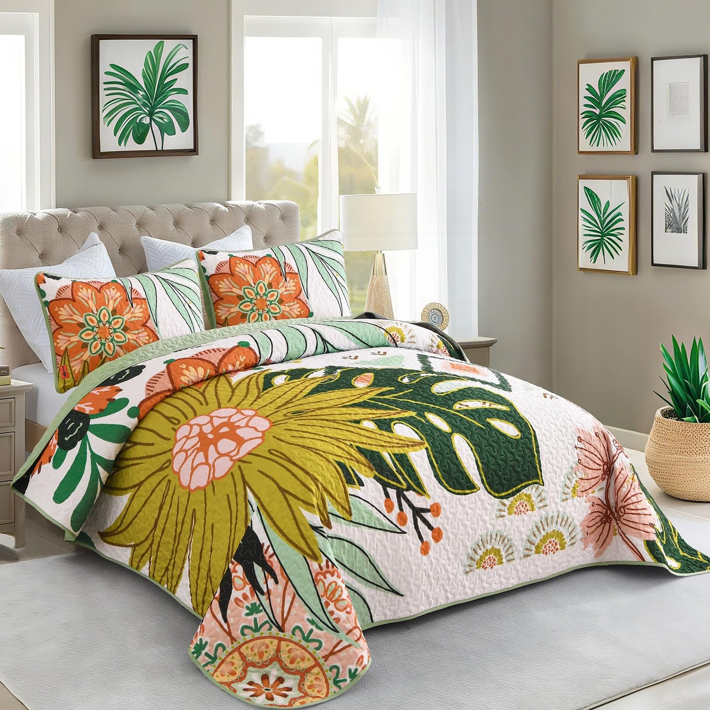 DJY Boho Floral Quilt Set Queen Size 3 Piece Green Bedspread, Botanical Farmhouse Quilt Bedding Set Reversible Soft Microfiber Bohemian Coverlet for All Season, 90''x96''