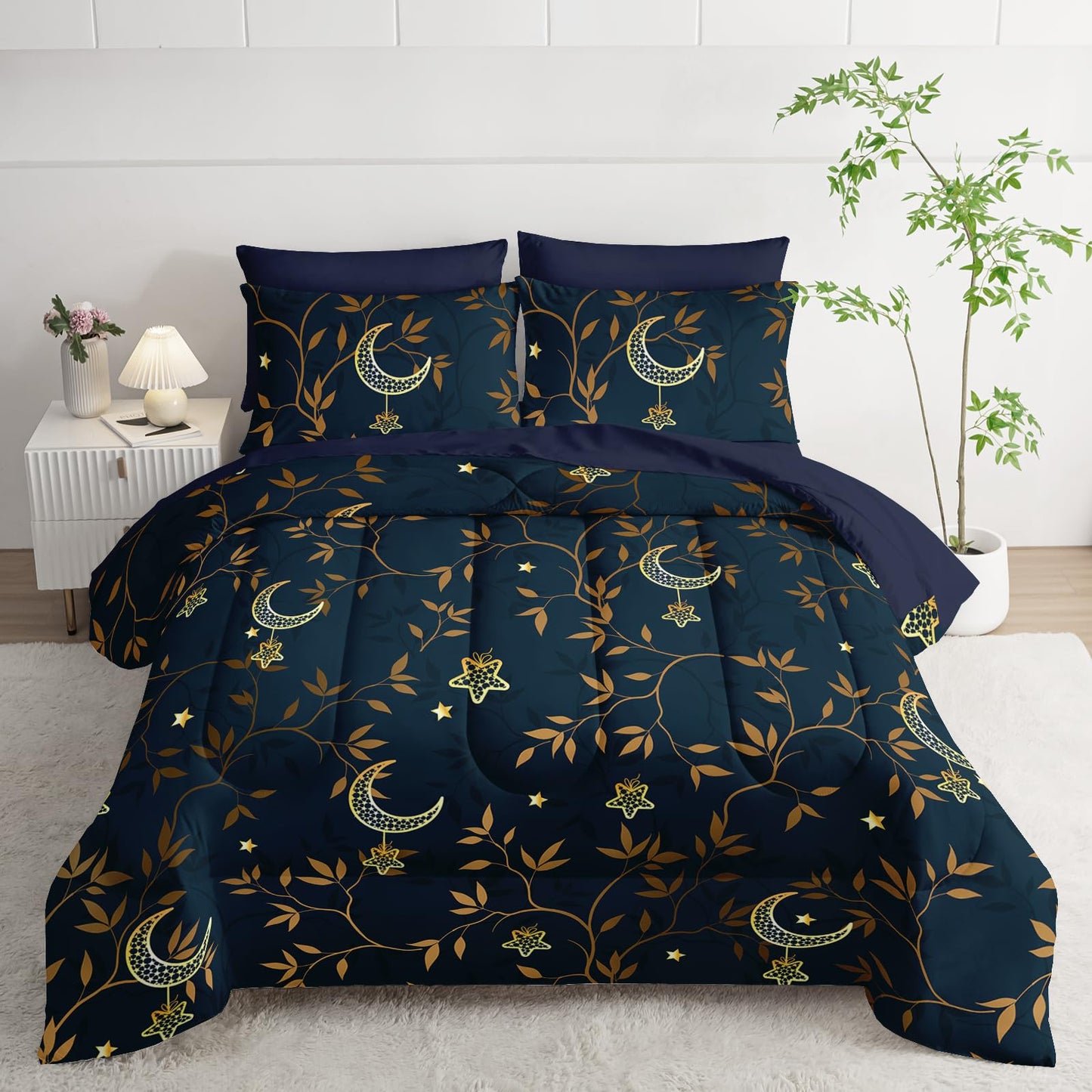 AILONEN Moon Comforter Set Full Size,7-Piece Navy Blue Gold Star Leaves Print Bedding Boho Bed in a Bag for Room Decor All Season Comforter & Fitted/Flat Sheet & 2 Pillowcases & 2 Shams