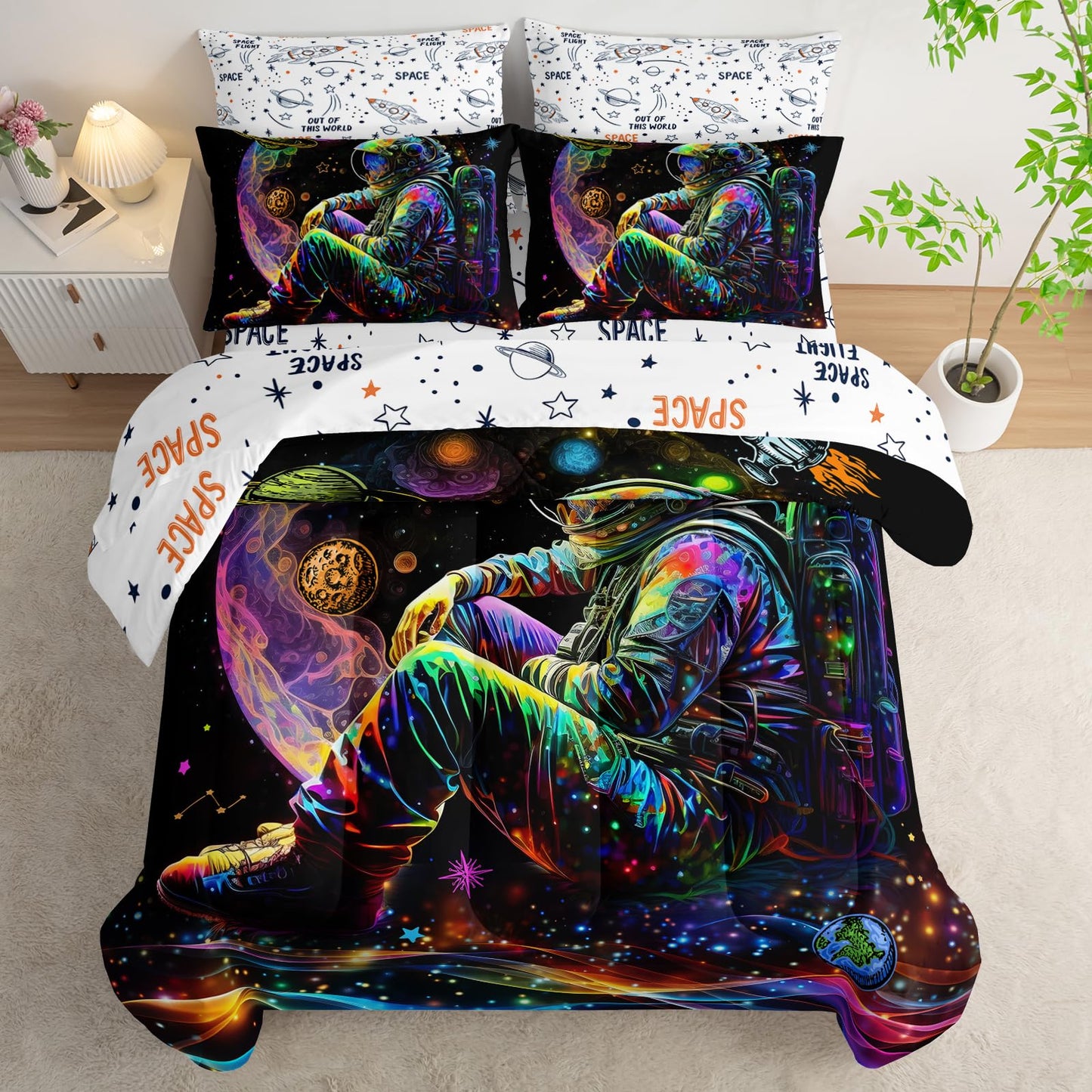 AILONEN Space Astronaut Comforter Set Full Size,7-Piece Soft Bed in a Bag,Glowing Rocket Planet Spacemen Print Comforter & Fitted Sheet & Flat Sheet & 2 Pillowcases,2 Pillow Shams
