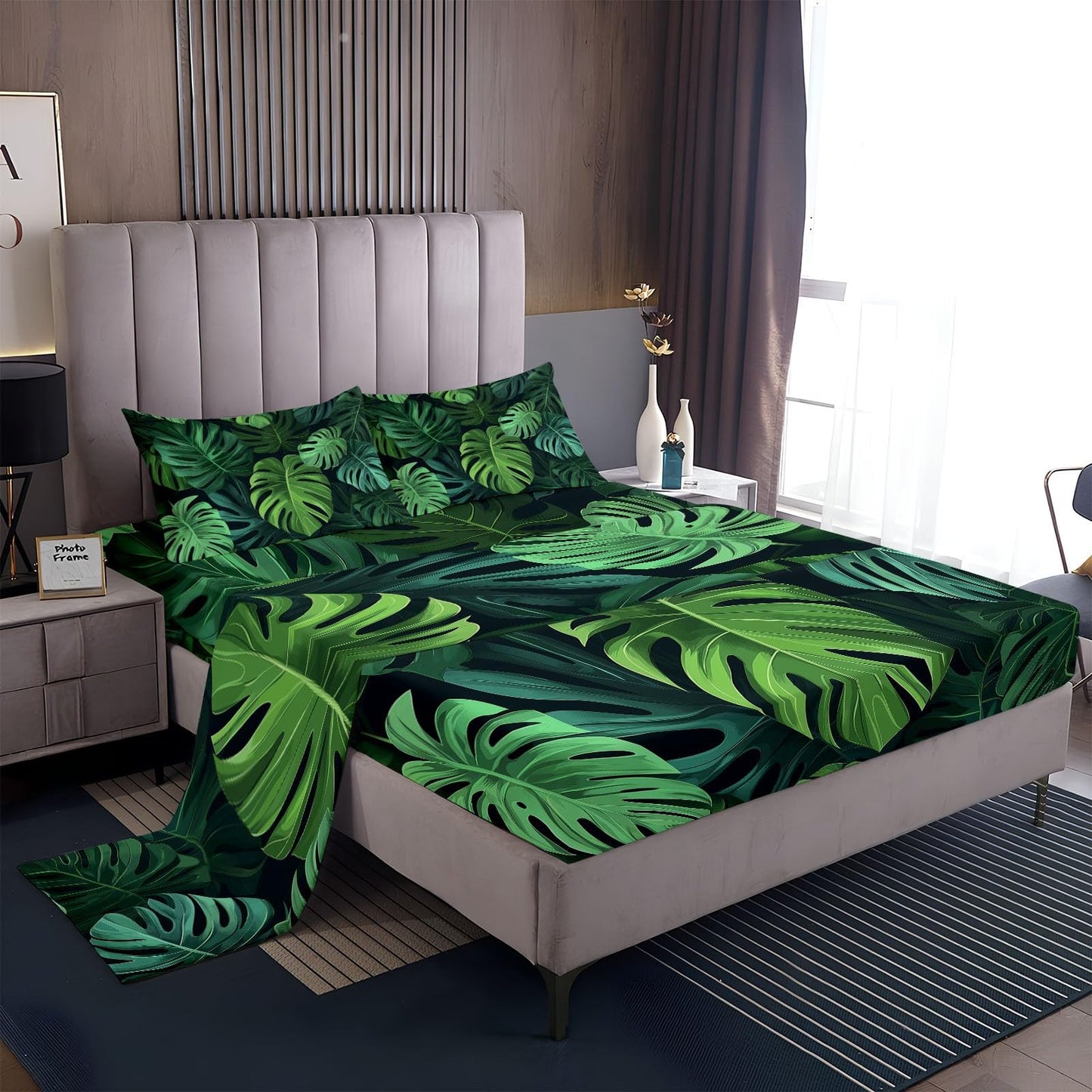Plant Palm Leaves Sheets King Ultra Soft Bed Sheets, Plant Tropical Monstera Printed Sheet Set, Microfiber 16" Deep Pocket Sheets 4 Piece, Elegant Comfort Luxury Soft Bed Sheet