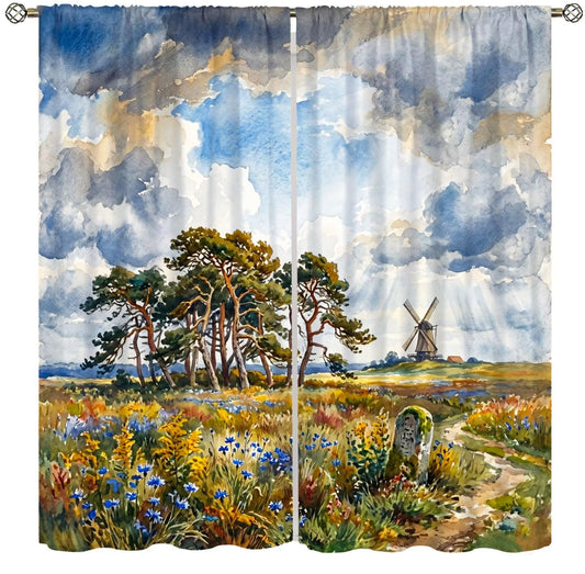 PHTAYOT Vintage Curtains Rustic Farmhouse Retro Rural Oil Painting Countryside Scenery Art Pattern Decor Window Drapes for Bedroom Living Room Home,2 Panels Set,42x45 Inch