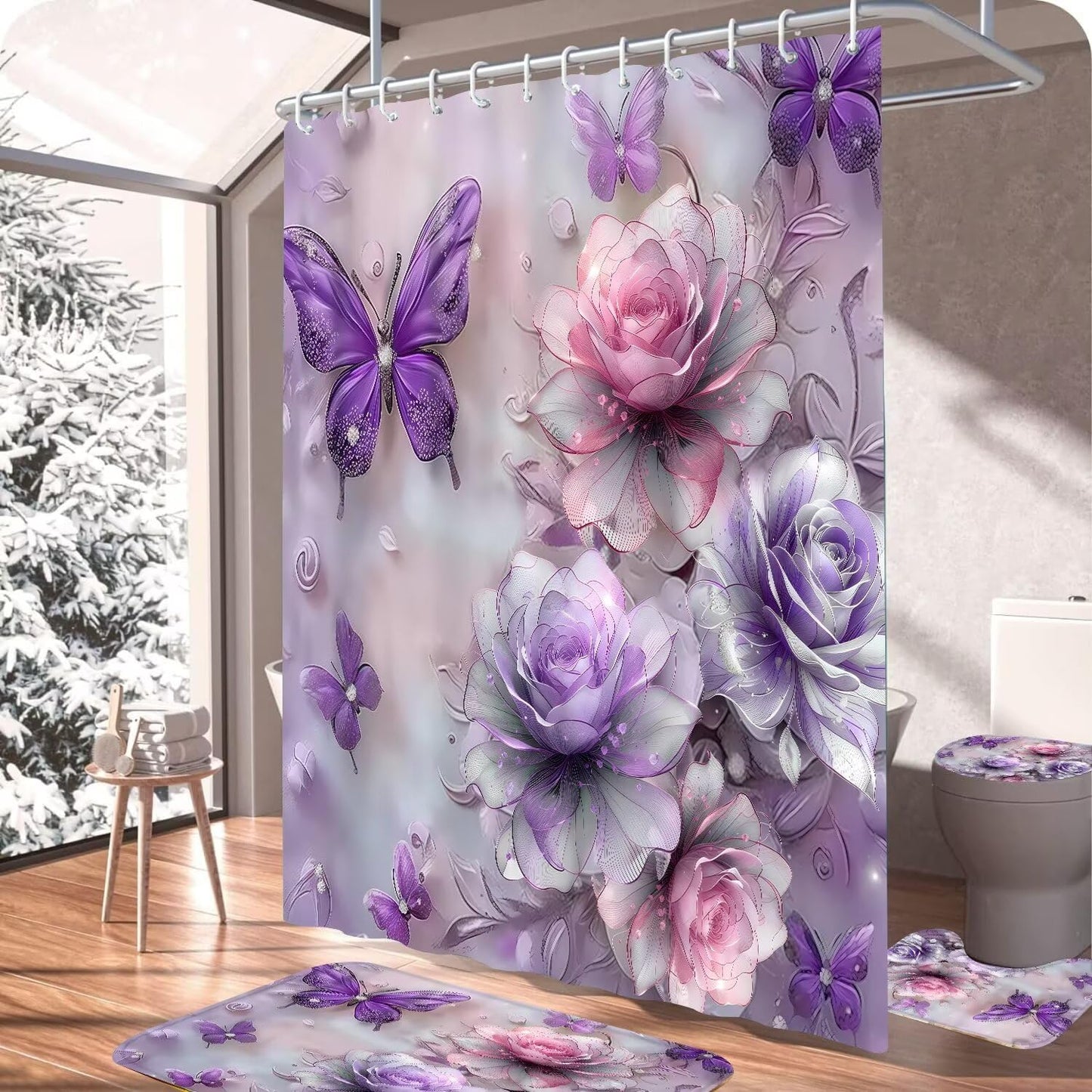 DDQQ 4Pcs Purple Glitter Floral Shower Curtain Set Bathroom Sets Butterfly Diamond Shower Curtain with 12 Hooks Bathroom Decor with Rugs Bath Accessories with Mats Toilet Lid Cover