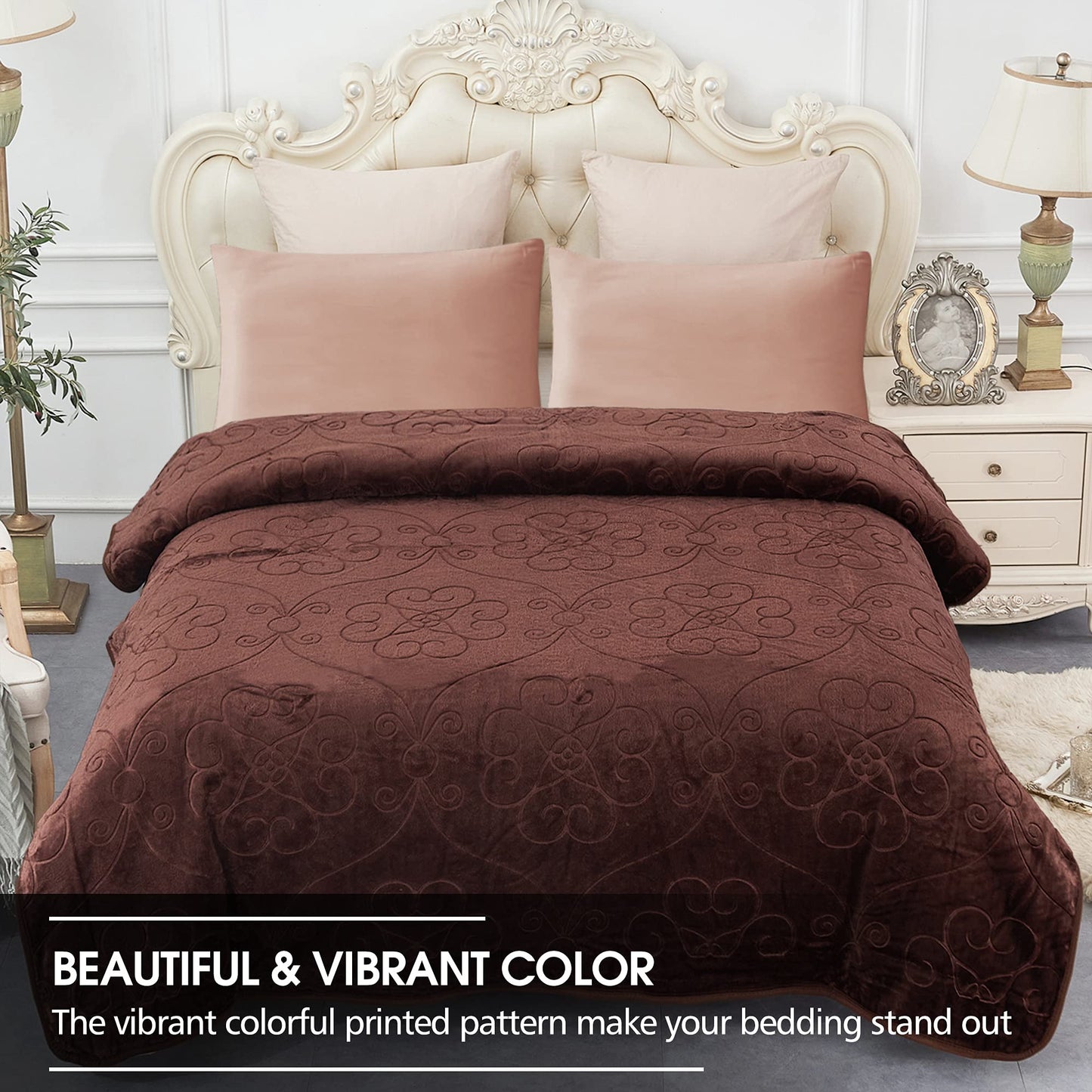 JYK Plush Fleece Blanket - Korean Mink, Queen 75" x 91", Super Soft & Warm, 3.5 LB Lightweight, Solid Color, Cozy Embossed Mink for Bed (Coffee)