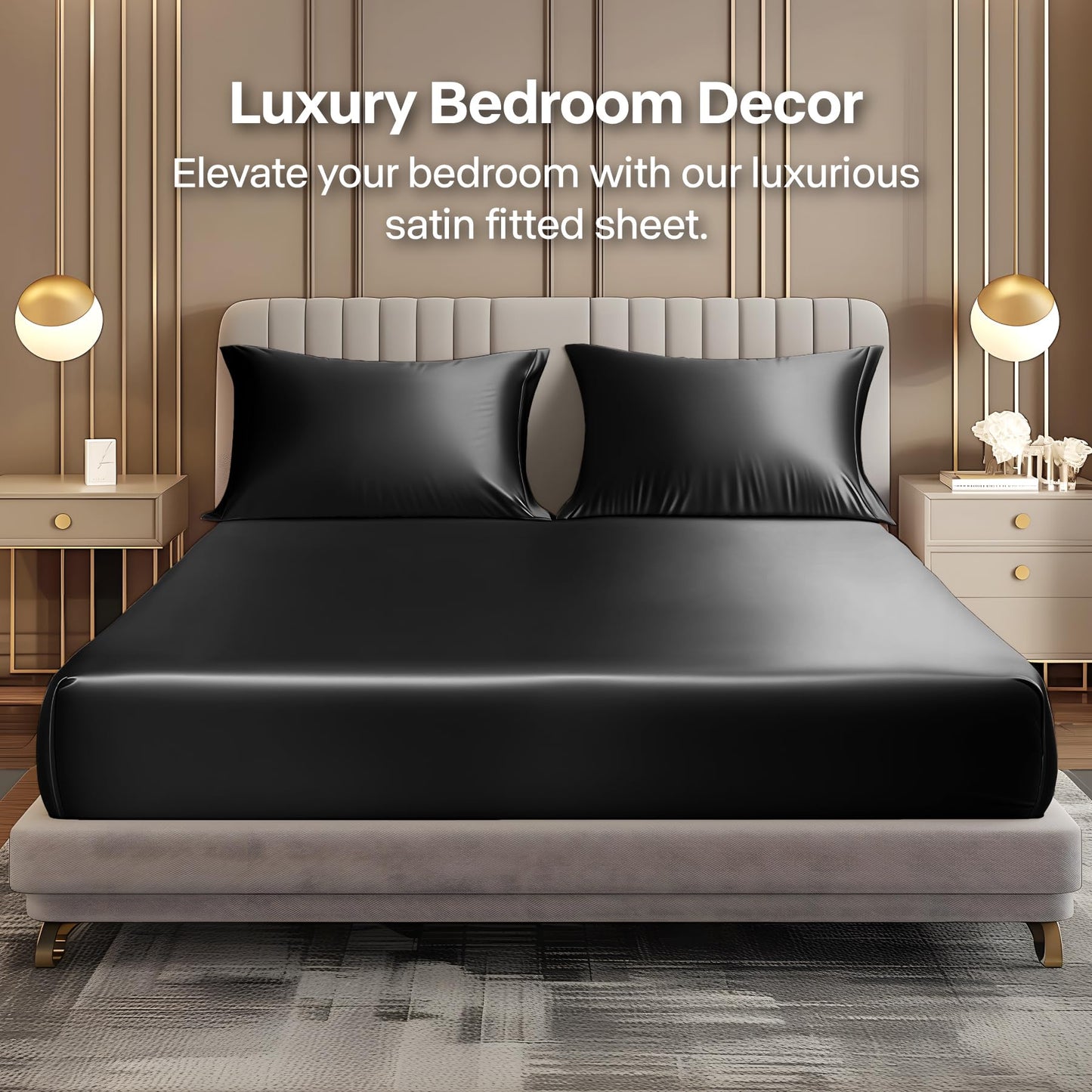 BEDELITE Satin Queen Fitted Sheet & Pillowcase Set - 3-Piece Luxury Soft Silk-Like with 1 Deep Pocket Fitted Sheet (Fits 15" Mattress) & 2 Pillowcases, Elastic Corner Straps (Black)