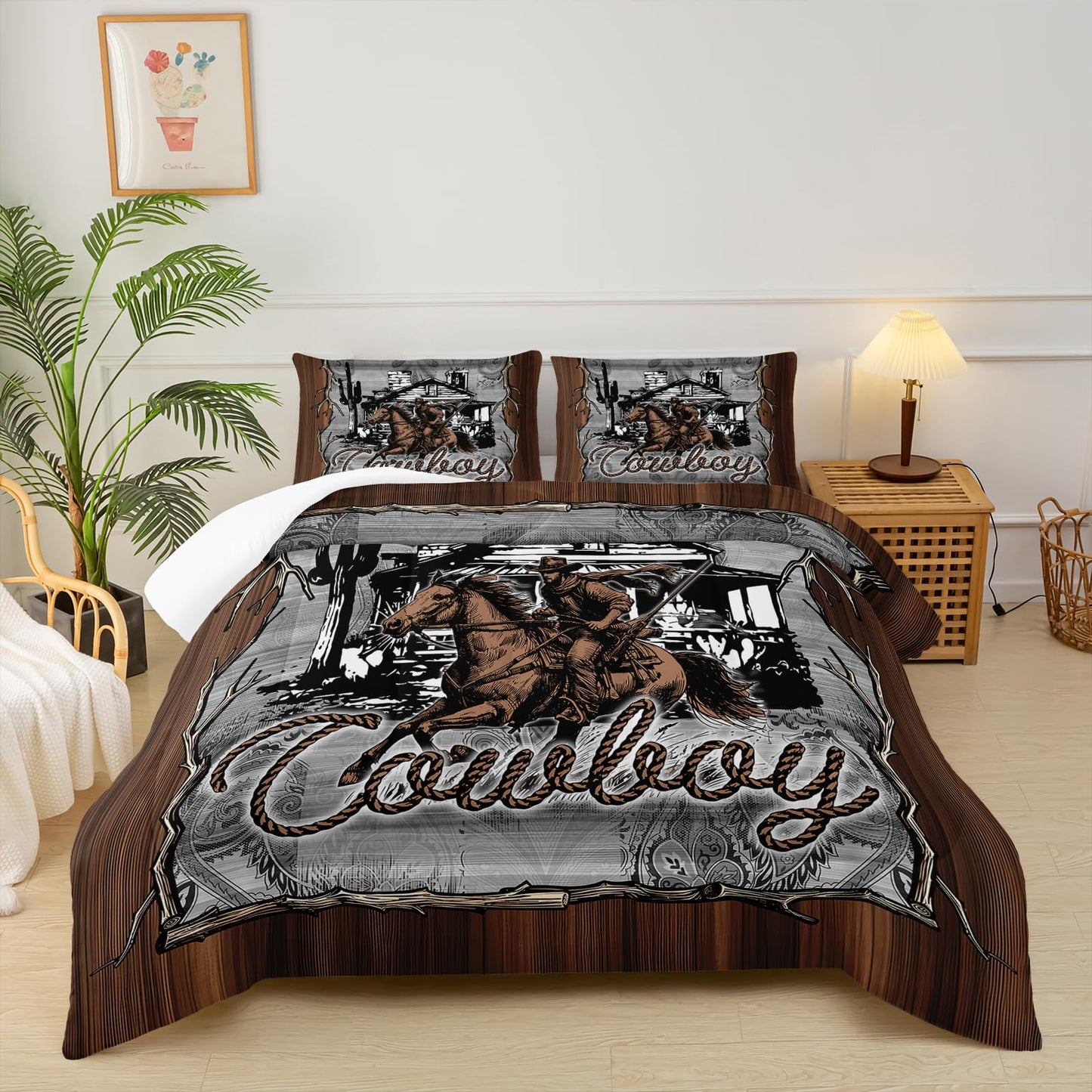 lneffble Brown Western Cowboy Comforters Twin Size，Boys Twin Size Bedding Set Cowboy Themed，with 1 Comforter with 2 Pillow Case，Western Bedroom Decor for Boys Men Kids