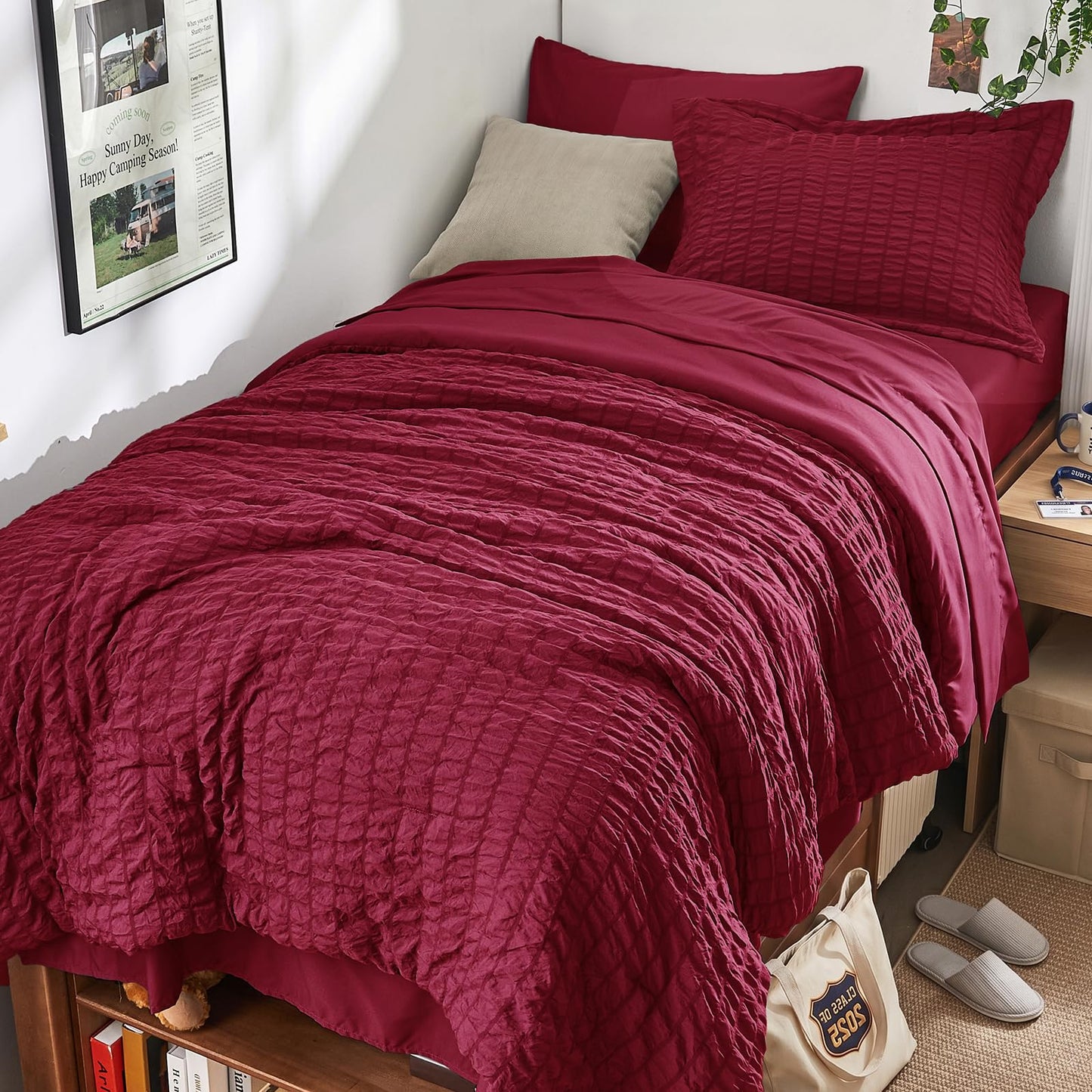 HYMOKEGE Burgundy Twin Comforter Set Seersucker 5 Pieces, All Season Luxury Bed in a Bag for Bedroom, Bedding Set with Comforters, Sheets, Pillowcase & Sham