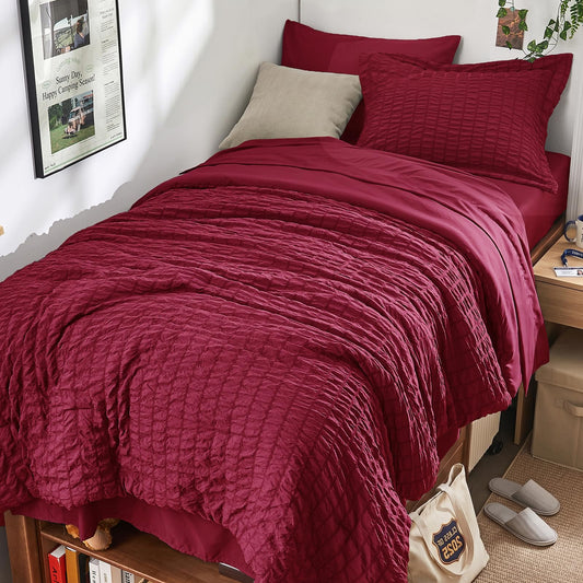 HYMOKEGE Burgundy Twin Comforter Set Seersucker 5 Pieces, All Season Luxury Bed in a Bag for Bedroom, Bedding Set with Comforters, Sheets, Pillowcase & Sham