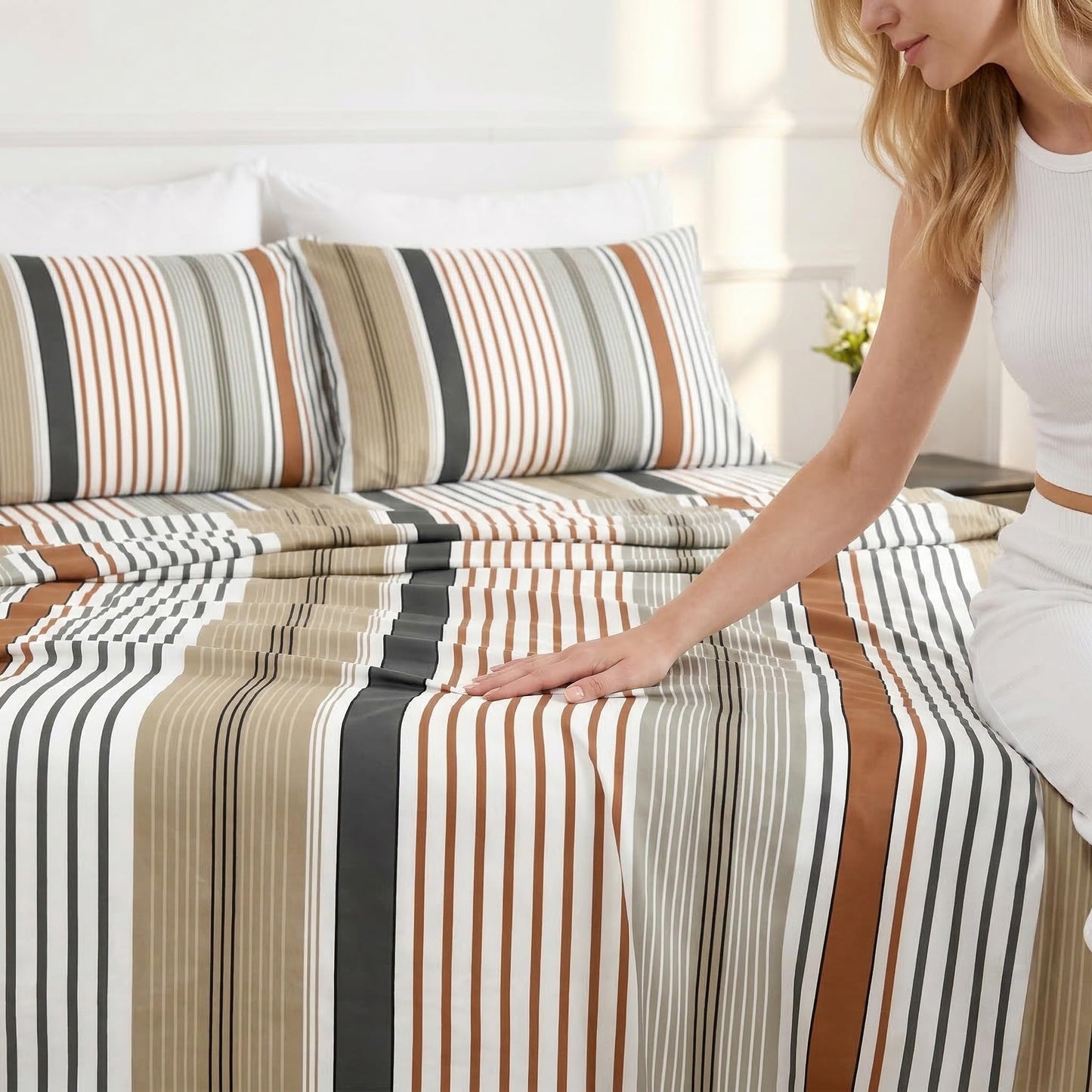HCORA Striped King Sheet Set, Ultra Soft Double Brushed Microfiber Bed Sheets, Deep Pocket, Breathable, Wrinkle Resistant, Easy Care, 4PC, King