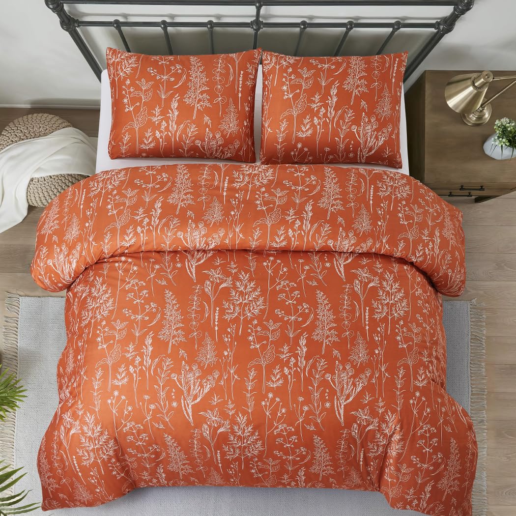 Lekesky Floral Duvet Cover Queen Size, Burnt Orange Queen Duvet Cover Plant Flowers Pattern Bedding Set for All Season, Soft Breathable Duvet Cover with Zipper Closure & Corner Ties