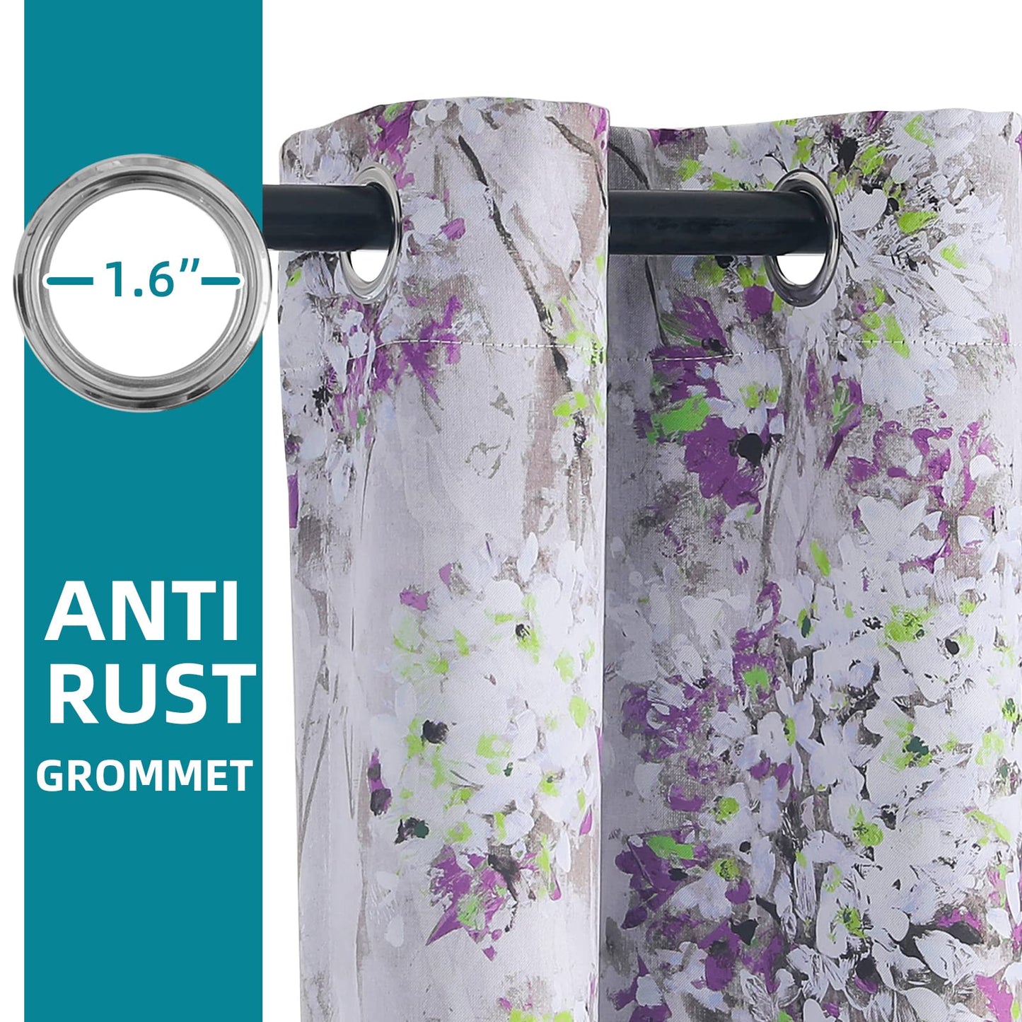 MYSKY HOME Purple Curtains 84 Inch Long 2 Panel Thermal Insulated Half-Blackout Flowers and Leaves Printed Curtains with Grommet