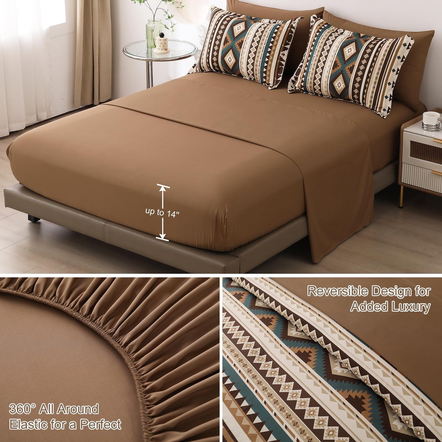 Dinjoy Brown Boho Comforter Set Queen Size,7 Pieces Bed in a Bag Queen Coffee Aztec Bedding Sets with Sheets Bohemian Geometric Striped Complete Set for All Season 90"x90"