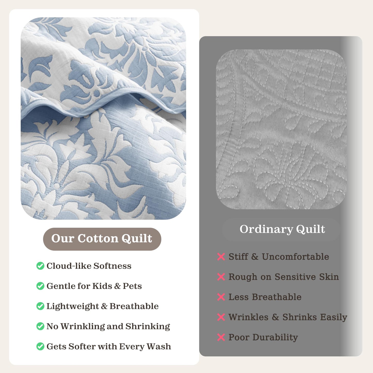 Exclusivo Mezcla Cotton Quilts King Size Blue, Soft Lightweight Bedspread Breathable Prewashed Bed Coverlet with 2 Pillow Shams, Boho Pattern Yarn Dyed Muslin Quilt Bedding Set for All Seasons