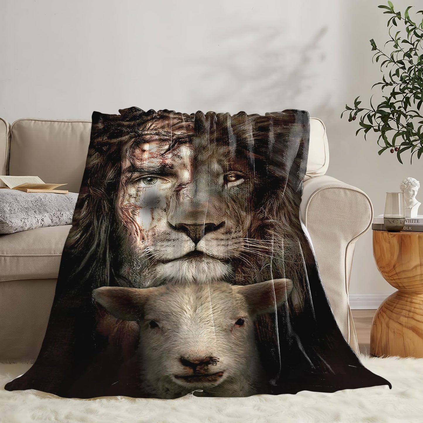 Tijuboni Jesus Lion Lamb Throw Blanket Christian Religious Gifts for Women Men Girls Boys Kids Adults Soft Flannel Fleece Blanket for Couch Sofa Bed Home Decor 40"x50"