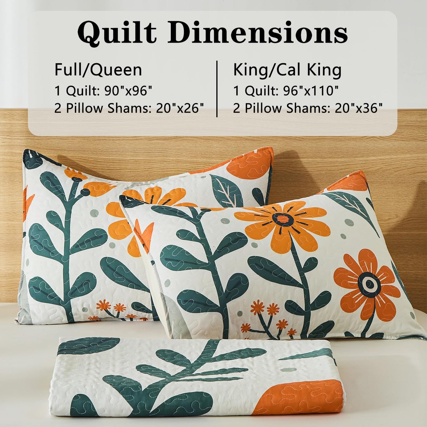 Yogeneg King Quilt Bedding Set,White Orange Botanical Pattern Beige King/Cal King Quilt Set,3 Piece Lightweight Soft Summer Bedspread Coverlet with 2 PIillow Shams,All Season(Beige,110"x96")