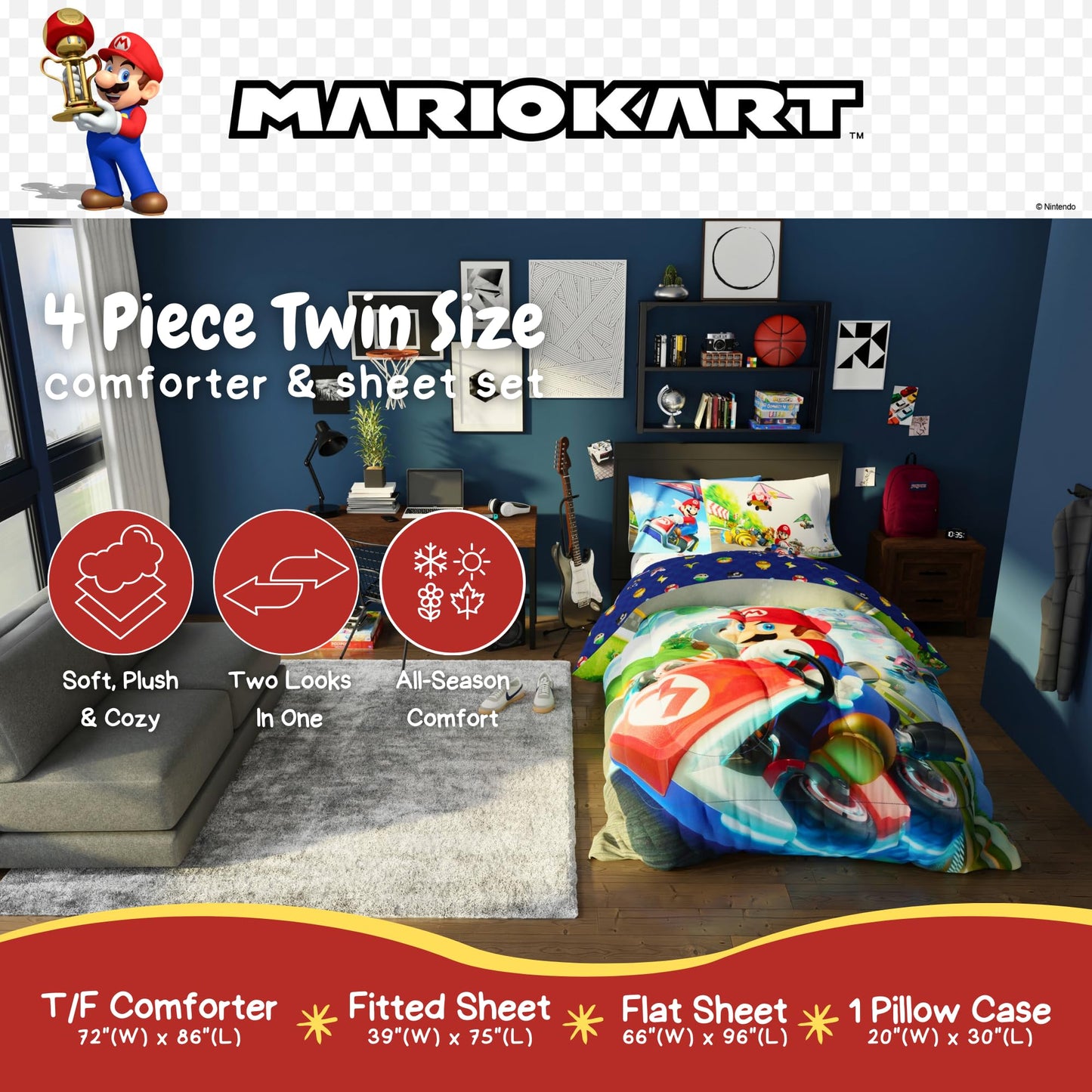 Super Mario Kart Game Kids Bedding Set, Twin Size, 4-Piece Super Soft Cozy Reversible Comforter & Sheet Set (Officially Licensed Product) by Franco