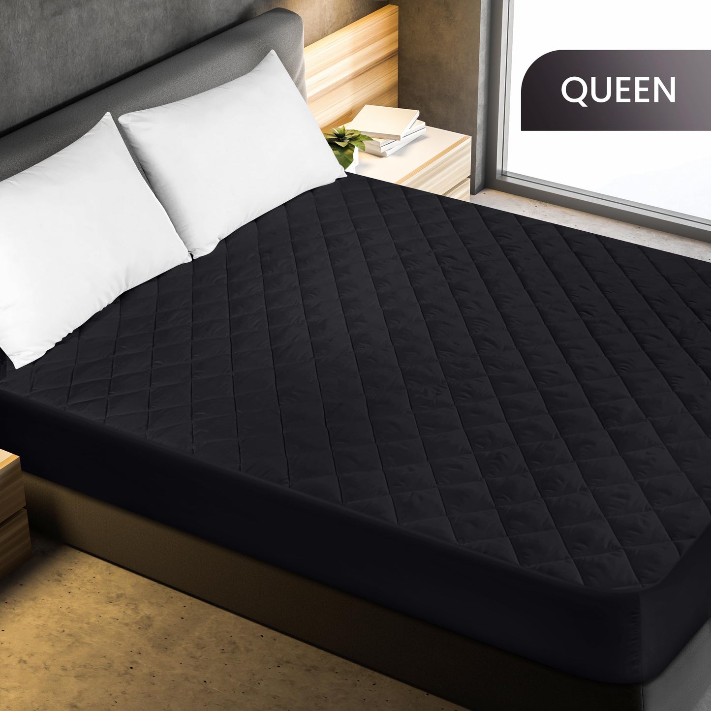 Quilted Fitted Mattress Pad, Queen Mattress Protector Topper with Deep Pocket Stretches up to 16 Inches, Machine Washable Mattress Cover by Utopia Bedding (Black)