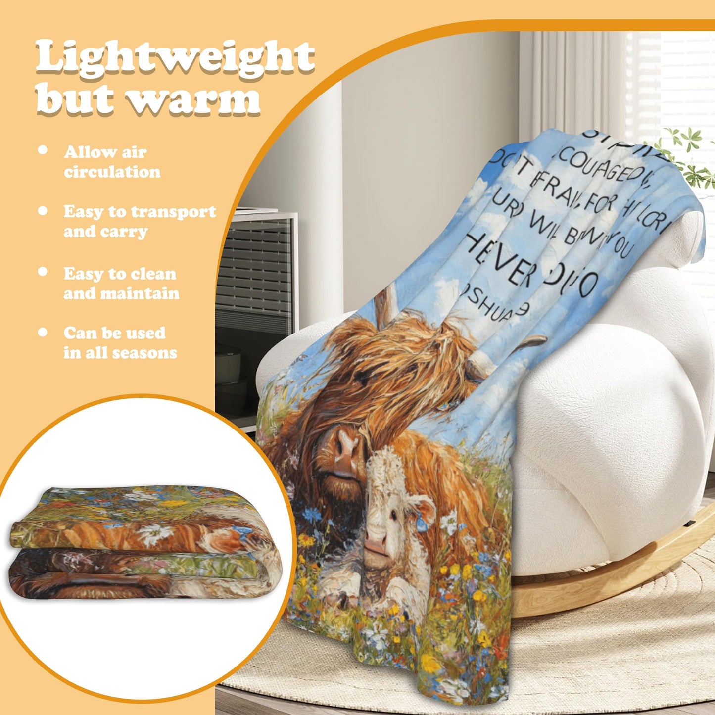 DKODKO Highland Cow Cozy Warm Throw Blanket - Plush & Durable Throw Blanket Religious Gifts for Mom,Dad,Friends, Daughter,60''x 50''