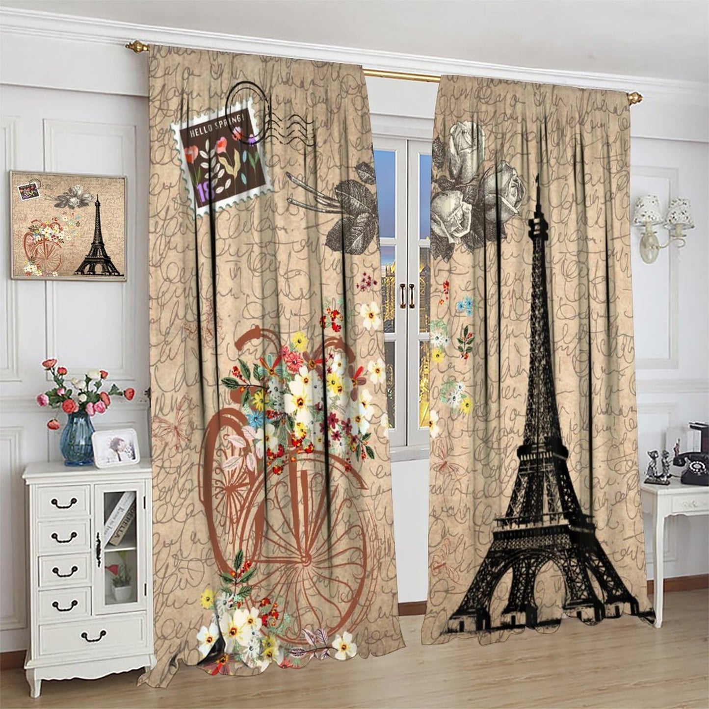 Vintage Paris Eiffel Tower Curtains - Rustic Romantic Rose French Paris Tower Old Bicycle Floral Window Curtain Room Darkening Blackout Thermal Insulated Rod Pocket Curtains 2 Panels 45"L x 21"W