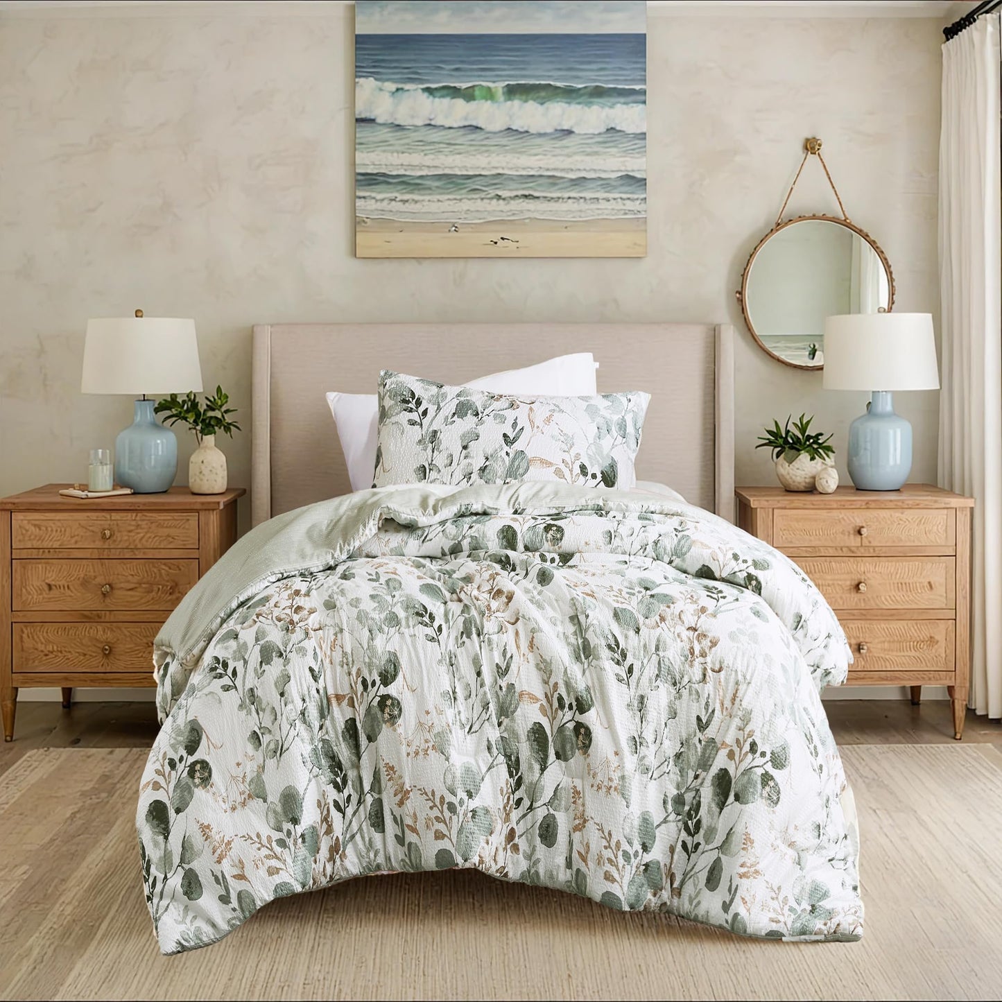Regency Heights Lightweight Seersucker Botanical Comforter Set Twin Size, 2 Pieces Reversible Design with Striped Print, Premium Microfiber Bedding Set, Comforter and Sham Set, Green