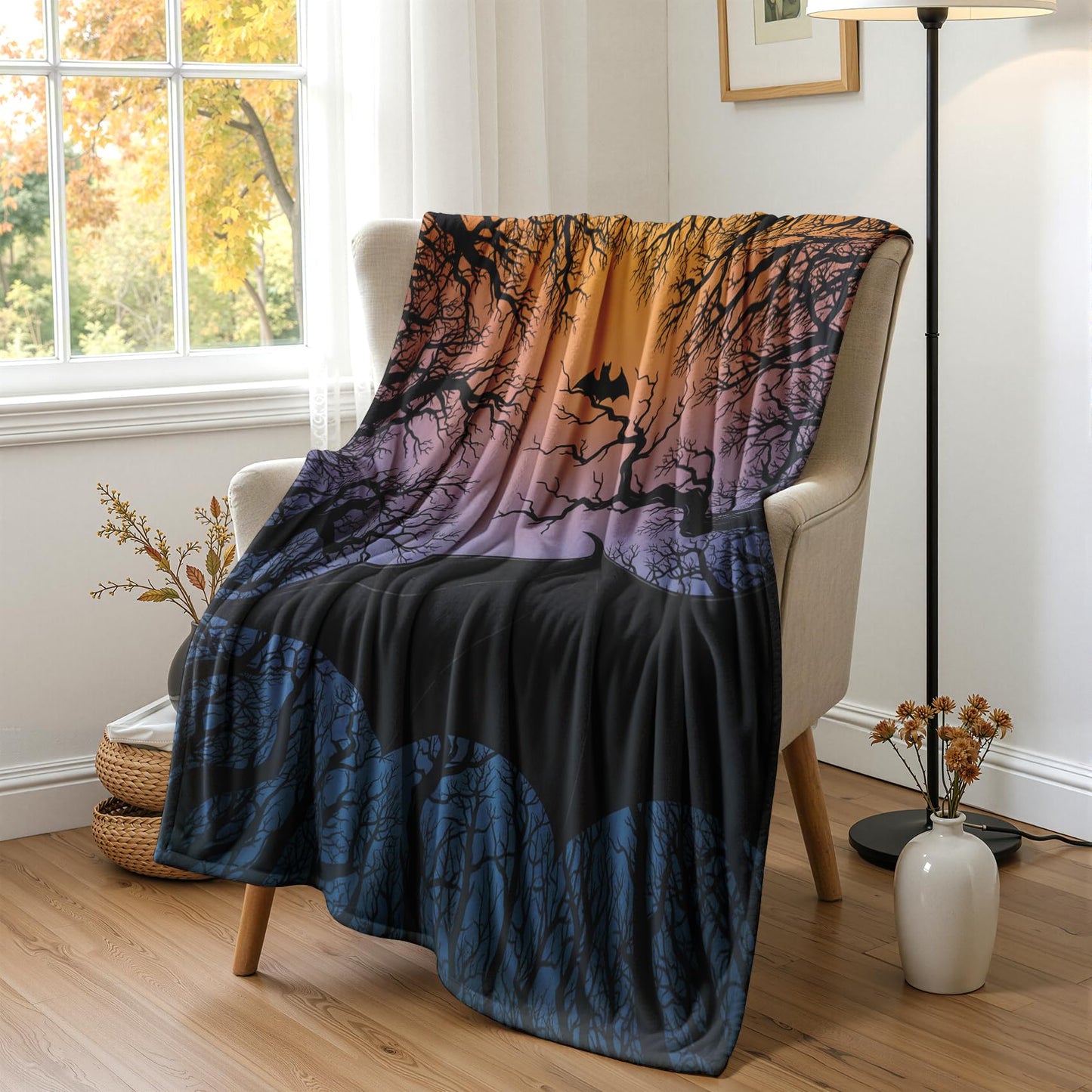 GEDAEUBA Bat Blanket Throw - Halloween Dead Tree Fleece Blanket Twin Size, Soft Cozy Blankets & Throws for Couch, Bed, and Sofa, 60x80 inches