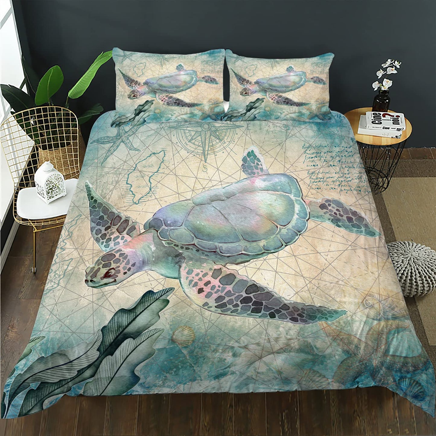 CVHOUSE Sea Turtle Duvet Cover Queen Size,Ocean Bedding Set for Kids Teens,Beach Comforter Cover,1 2 Pillowcases 3 Piece Queen 89'x89'