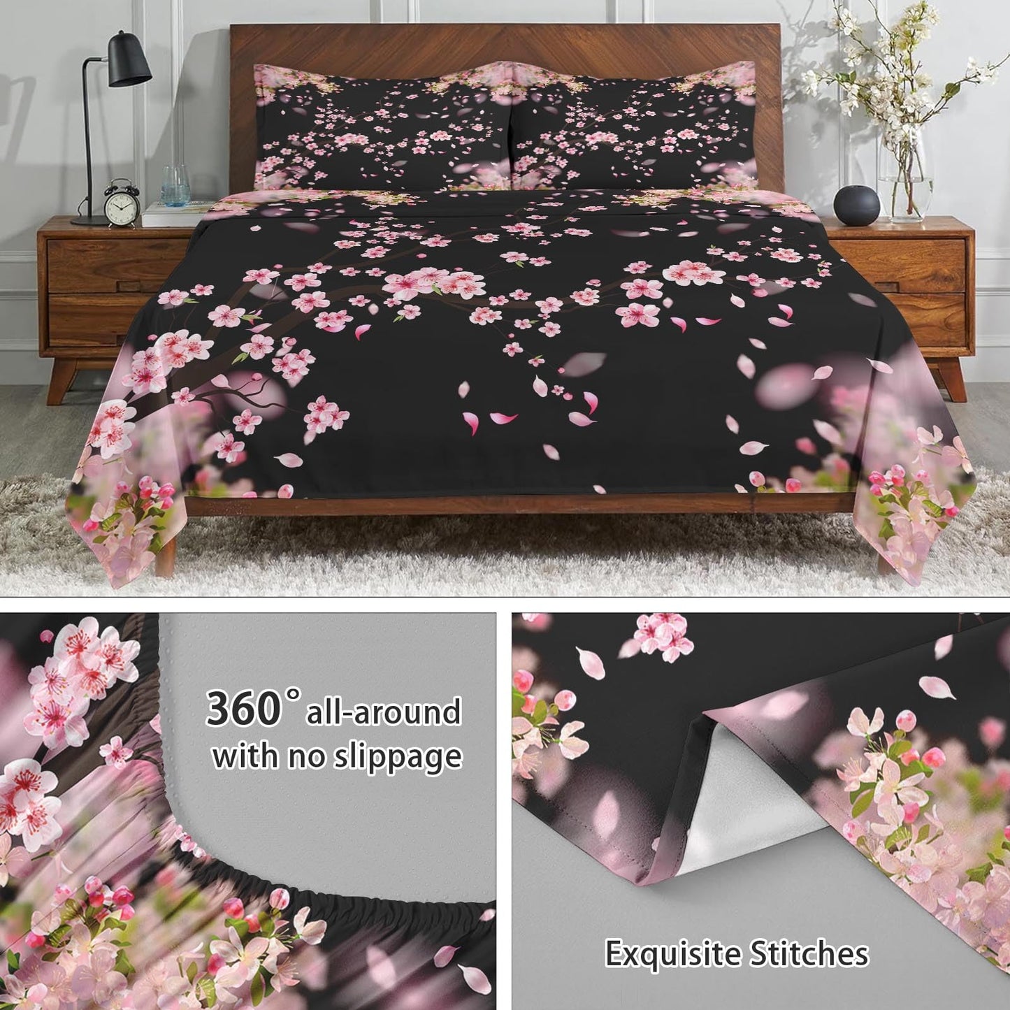 WeCozy Queen Size 4 Pcs Bed Fitted Sheet Set with 14" Deep Pocket, Blossom Cherry Flat Sheet Set for Kids and Adults, Pink Tree Flower Bedding with 2 Pillowcases for Bedroom Decor