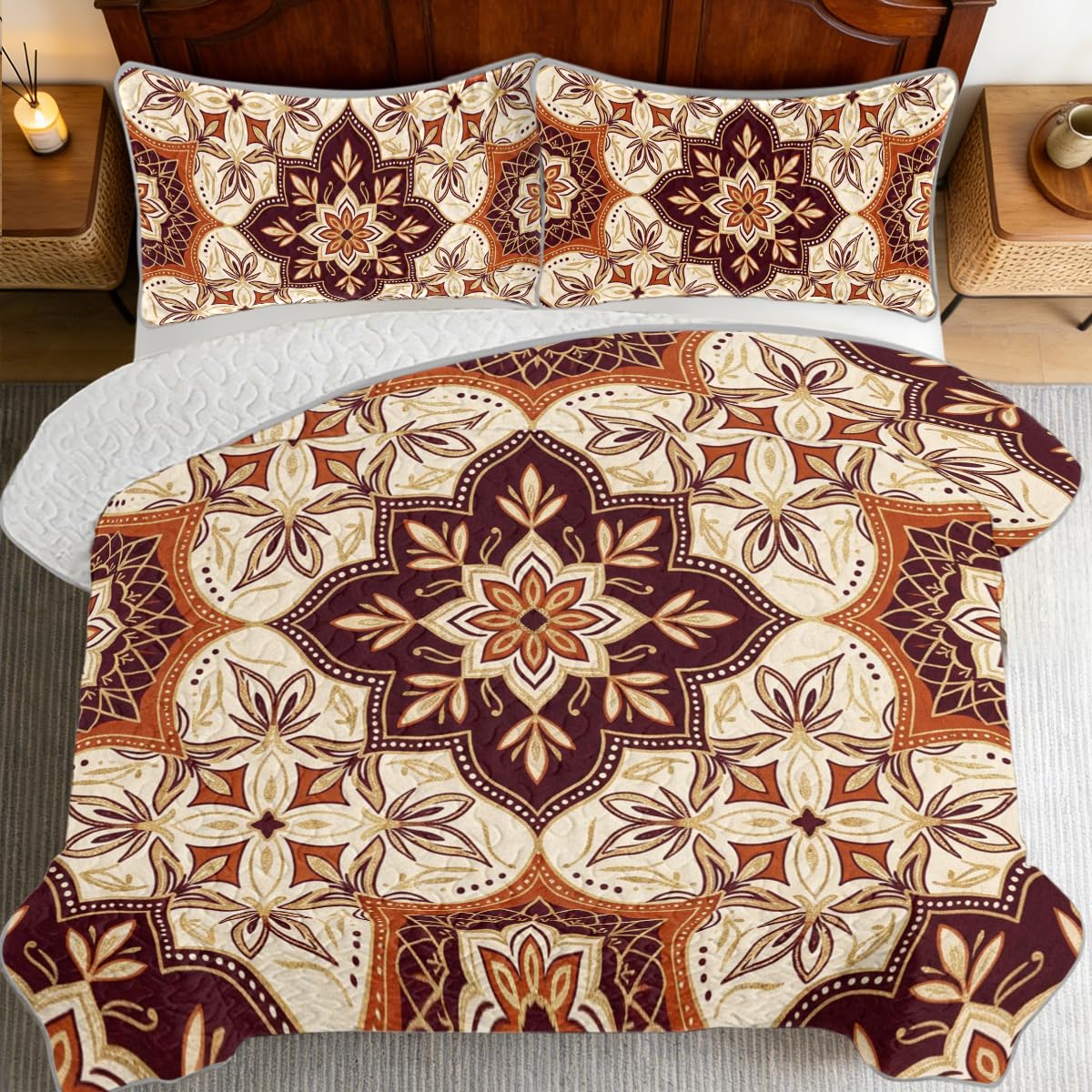 Boho Medallion Quilt Set, Warm Terracotta and Cream Lightweight Microfiber Bedspread with Matching Pillow Shams, Decorative Stitching for Cozy Bedroom Decor, Full/Queen