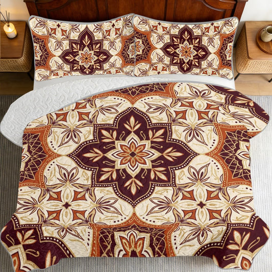 Boho Medallion Quilt Set, Warm Terracotta and Cream Lightweight Microfiber Bedspread with Matching Pillow Shams, Decorative Stitching for Cozy Bedroom Decor, Full/Queen