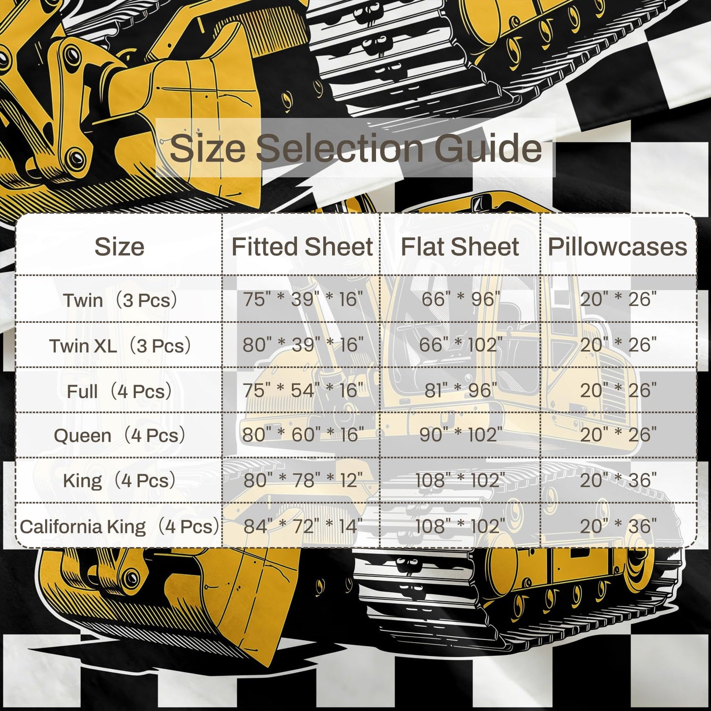 Excavator Bedding Set 4 Pcs Construction Vehicle Queen Sheets, White Orange