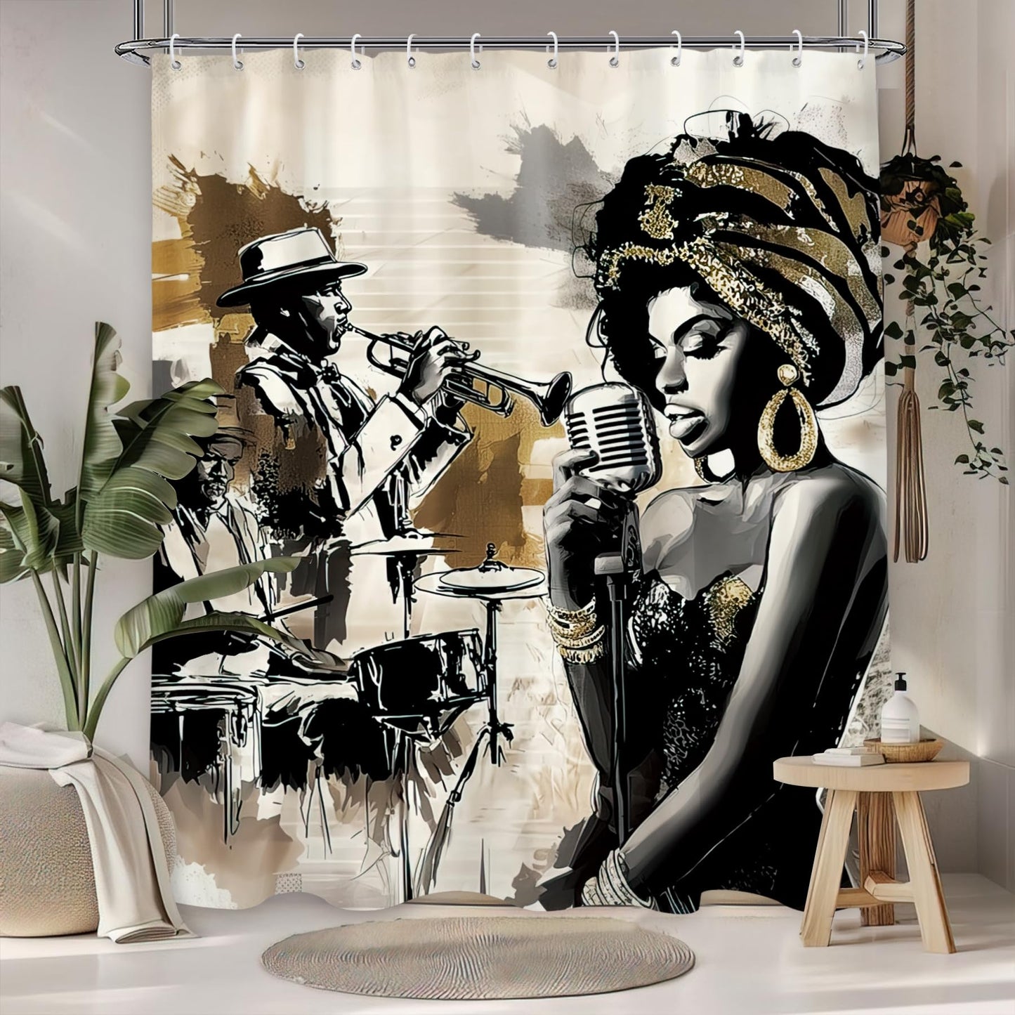 Glioown African American Shower Curtain 60Wx71L, Music Band Shower Curtains for Bathroom, Black Woman Lady Hippie Shower Curtain Set 12 Pack Hooks