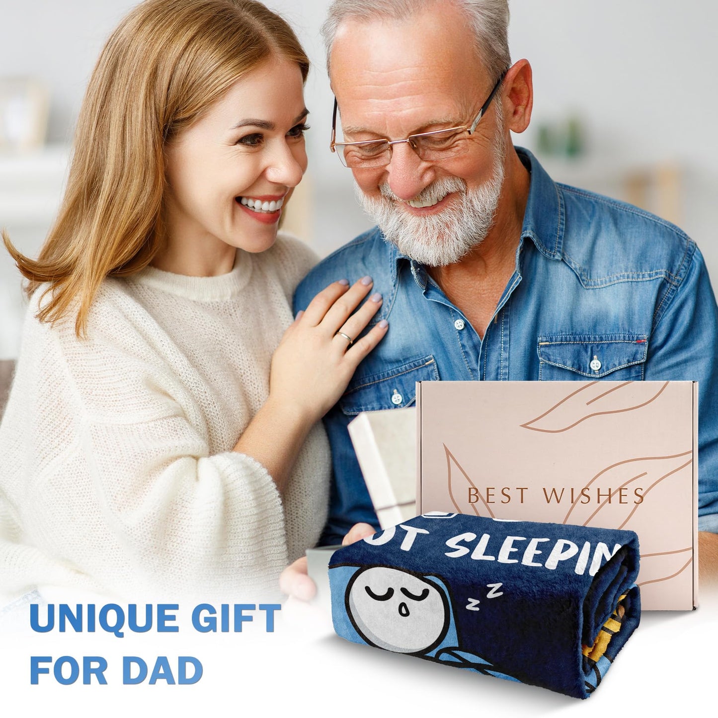 GoMelley Funny Fathers Day Birthday Gift for Dad Husband, Dad is Not Sleeping Blanket, Dads Gifts from Daughter Son, Super Soft Throws Blanket for Couch and Napping, 60" x 50" (Blue)