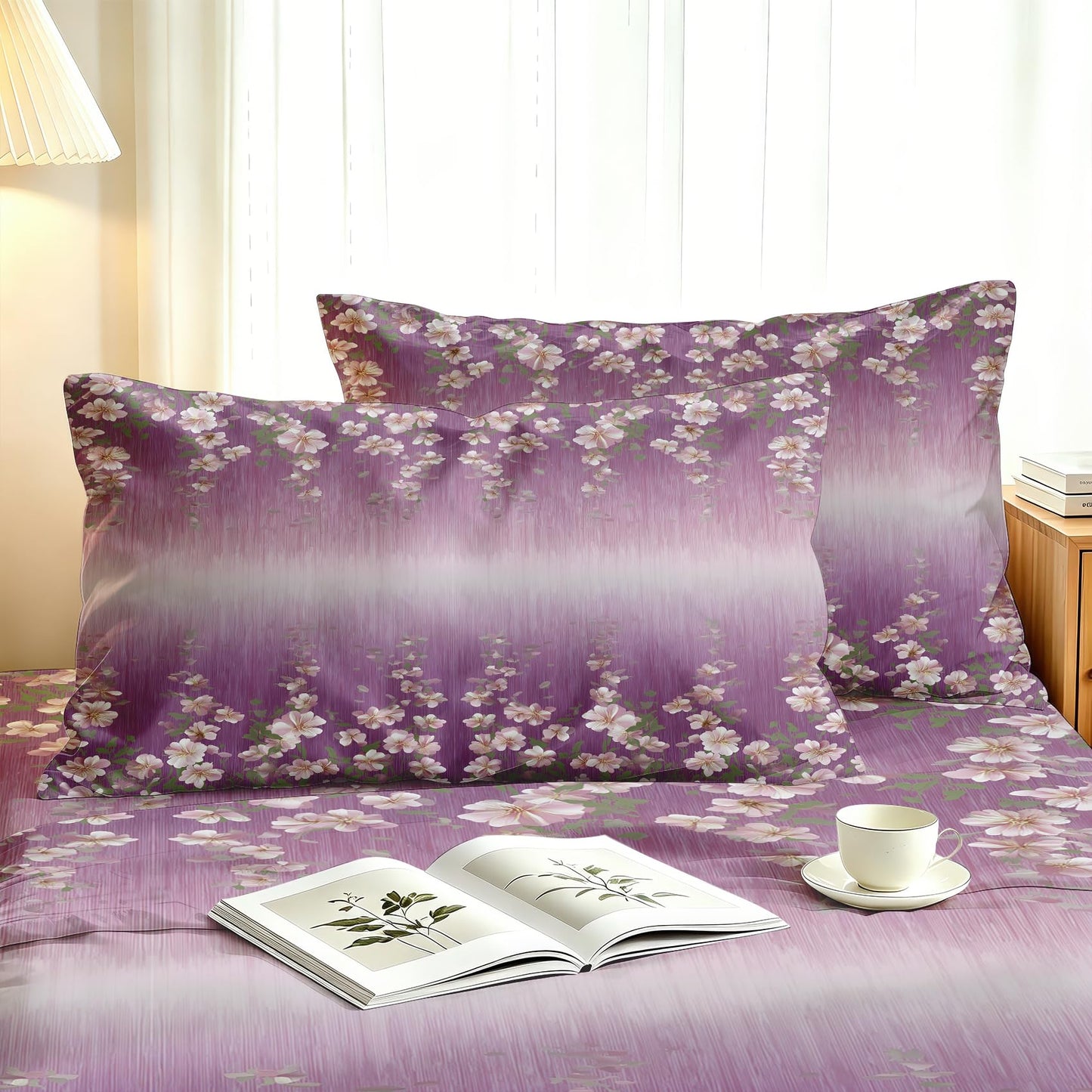 Girls Flower Full Sheet Set 4 Pcs Purple Gradient Bed Sheets
