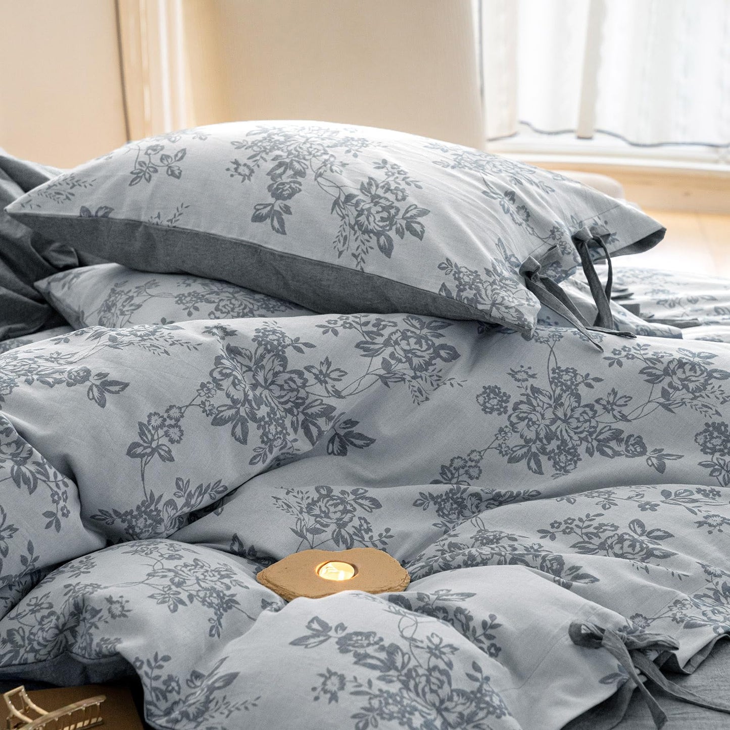 VM VOUGEMARKET Linen Duvet Cover Queen Monet Style Floral Duvet Cover Set,Jacquard Textured Comforter Cover 90"x90" with 2 Pillowcases,Navy Blue