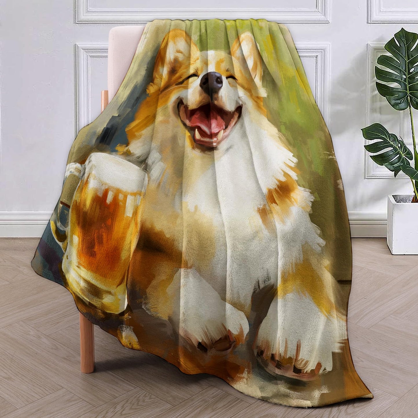 VANZEV Cute Corgi Blanket,Corgi and Beer Flannel Throw Blankets,Soft Warm Lightweight Cozy Plush Animal Throws for Bedroom Sofa Office Home Decor Gifts for Women Girls 60"x50"