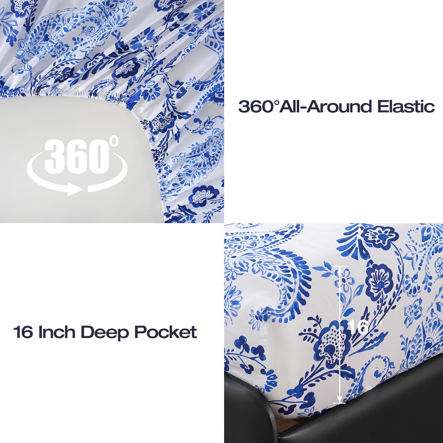 Yibeizi Queen Sheet Set Deep Pocket Queen Size Blue Floral Bed Sheets Set, Paisley Printed Soft Microfiber Oeko-Tex Sheets & Pillowcases Hypoallergenic Wrinkle Free Bedsheets