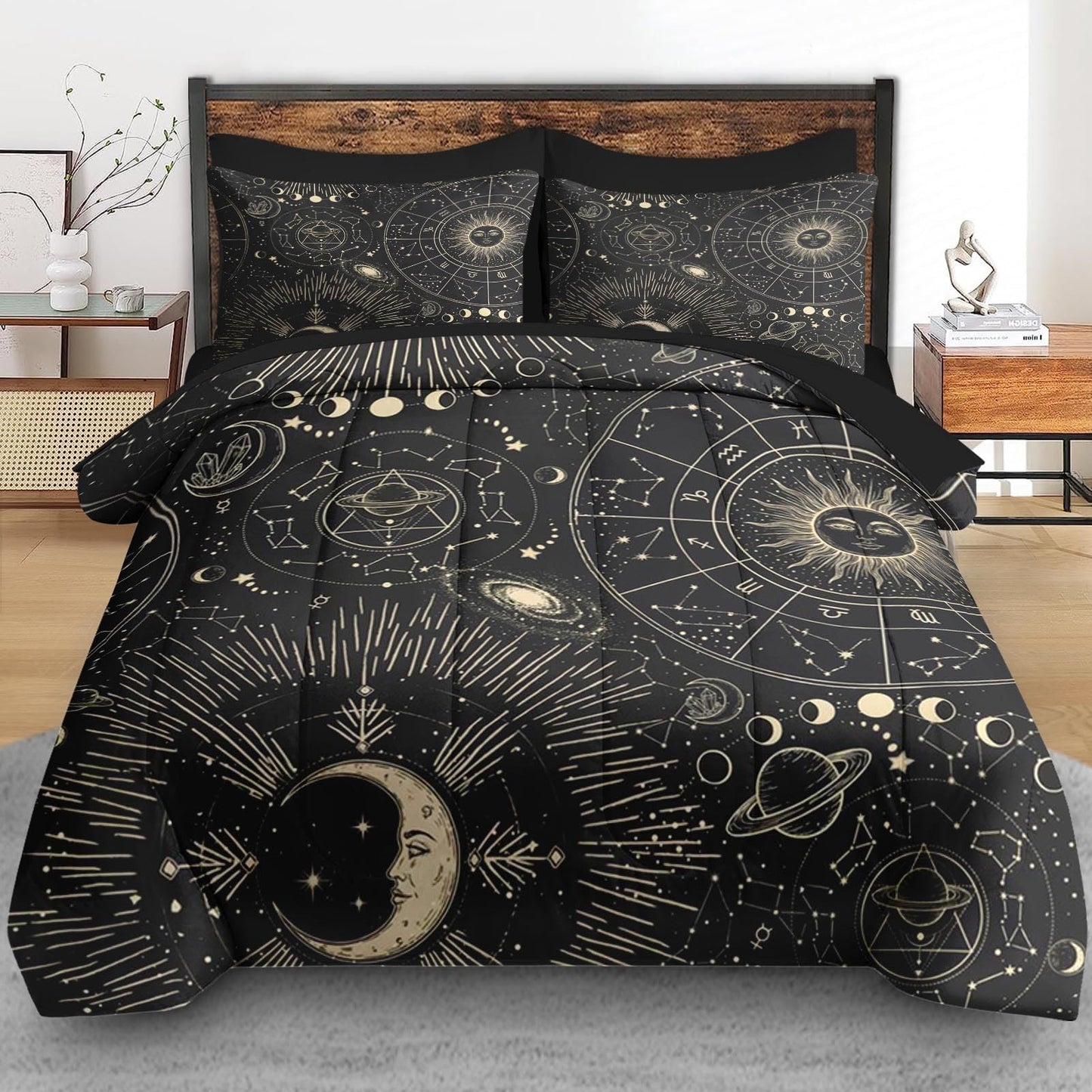 Pamnest Comforter Set Queen Size, Celestial Moon Witchy 7 Pcs Bedding for Kids and Adults, Space Science Galaxy Retro Bed Sheet Sets with Fitted Sheet 2 Pillowcases & 2 Shams for Bedroom Bed Decor