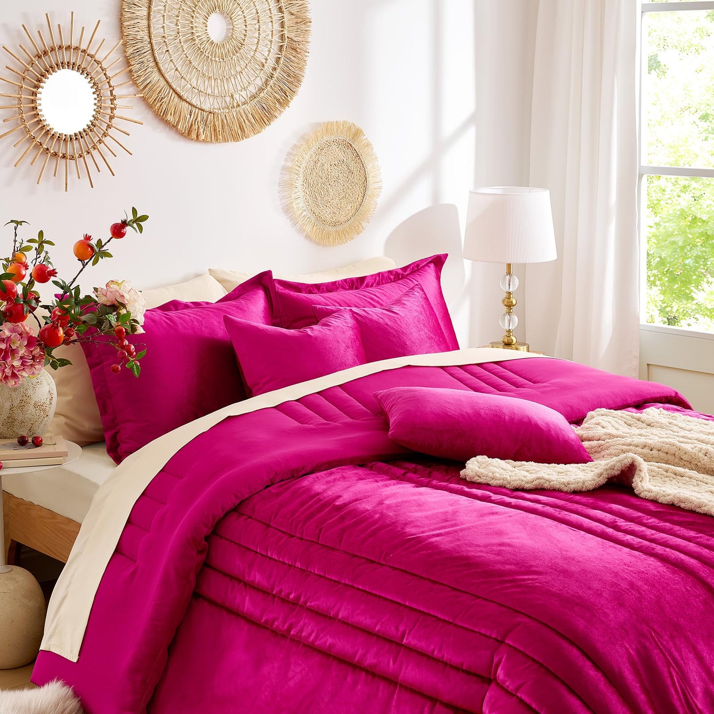 MUSSEL Hot Pink Queen Comforter Set 3 Pieces,Luxury Lightweight Fluffy All Season Cozy Velvet Bedding Comforter Sets,Neutral Striped Bedroom Comforter with 2 Shams