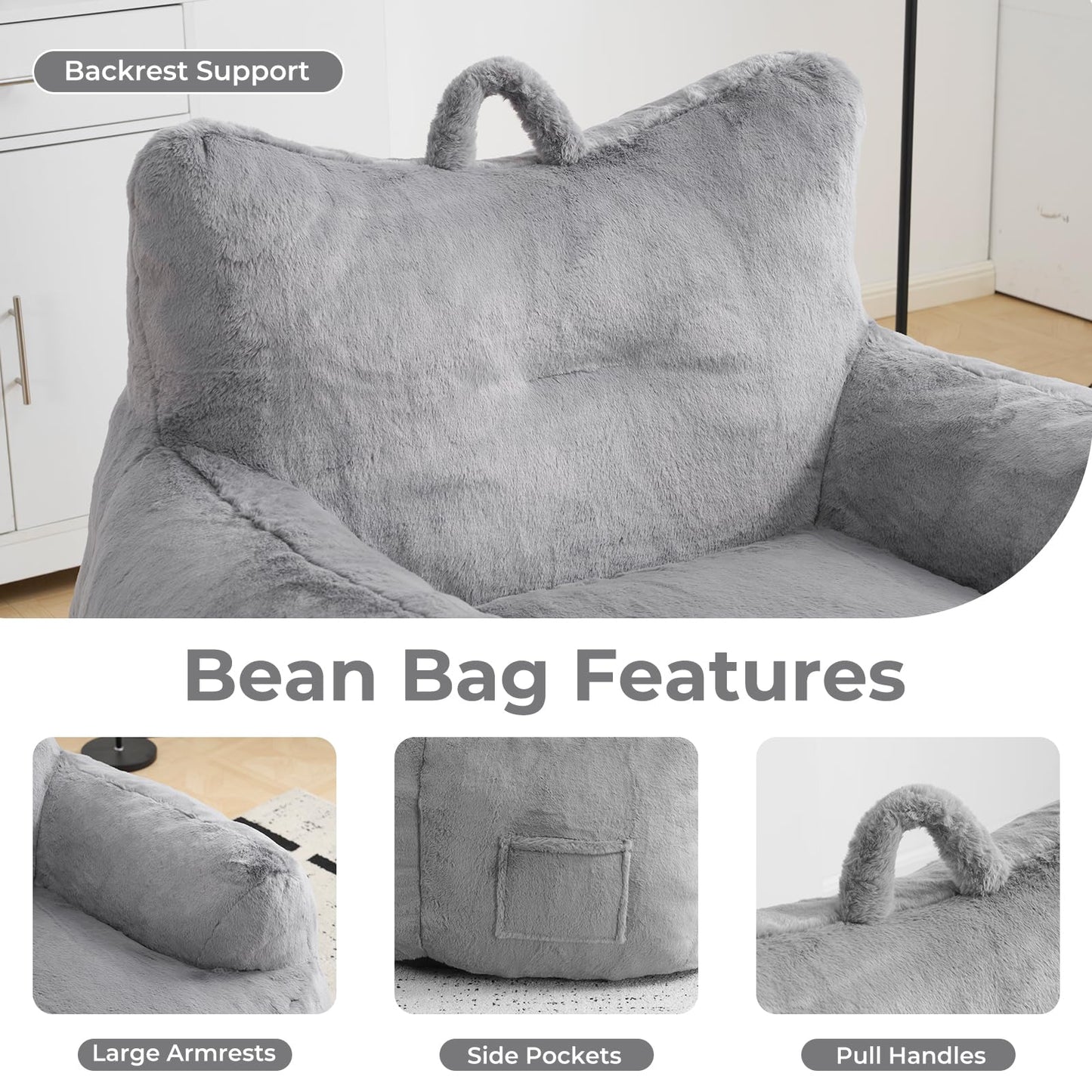 Giant Bean Bag Chair for Adults with Ottoman, Oversized Bean Bag with Filling Plush Fluffy,BeanBag Lazy Sofa Couch with Armrest for Bedroom, Stuffed Floor Sofa with Sidepocket for Living Room, Beige
