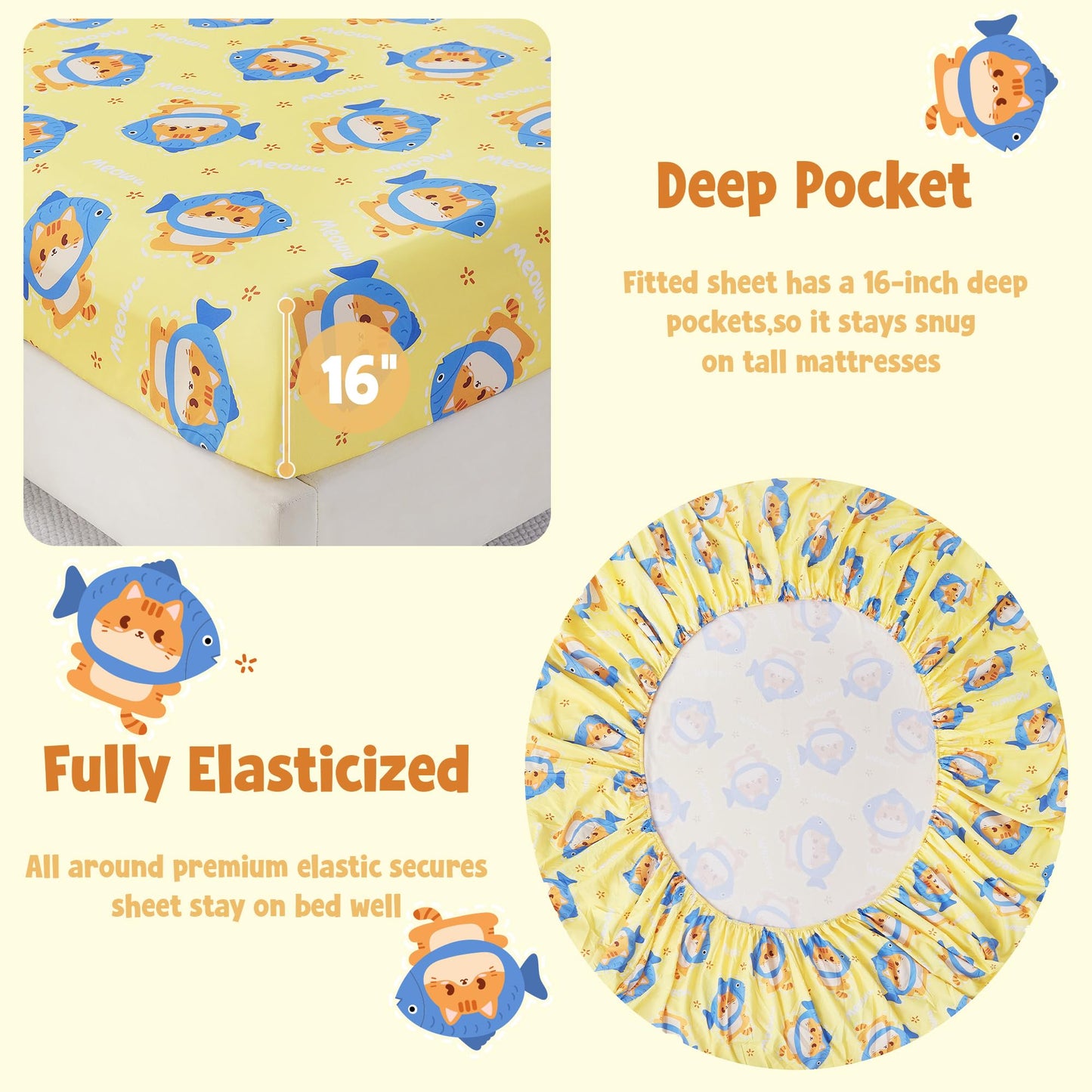CozySmile Full Sheet Set Kids,4 Pieces Breathable Soft Microfiber Bedsheets for Child Boys Girls, Oeko-TEX, Anti Pilling Deep Pockets Easy Care Bed Sheets, Cat Fish