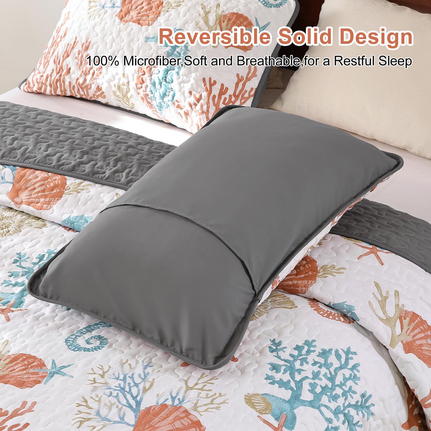 DJY Coastal King Size Quilt Set 3 Pcs, Ocean Beach Theme Bedding with Pillowcases, Summer Orange Reversible Microfiber Comforter Set Lightweight Nautical Bedspread Coverlet Set for All Season
