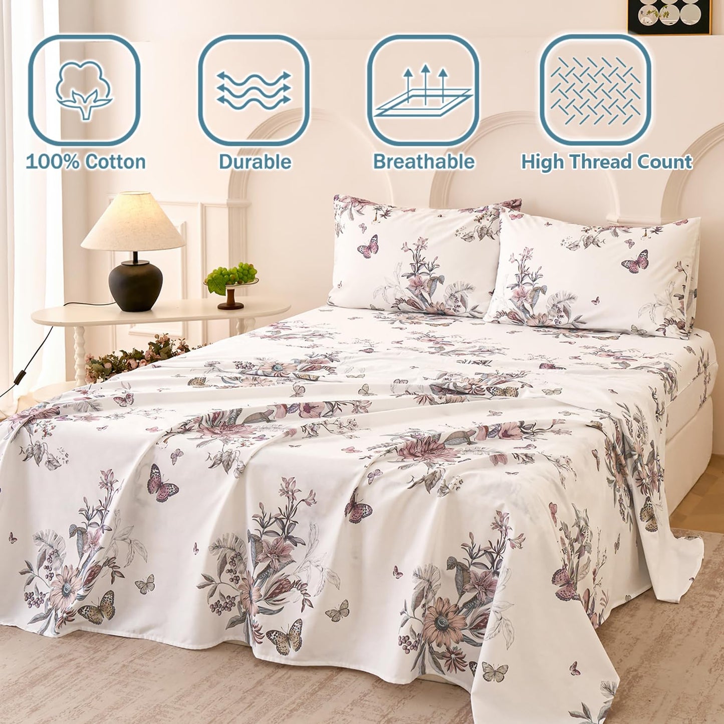 Huborise King Size Sheet Set Dusty Rose Floral Bed Sheets 100% Cotton 4Pcs, Light Pink Flower & Butterfly Printed Bed Set with Deep Pocket 17.5", Soft Breathable & Crisp, Luxury French Country Style