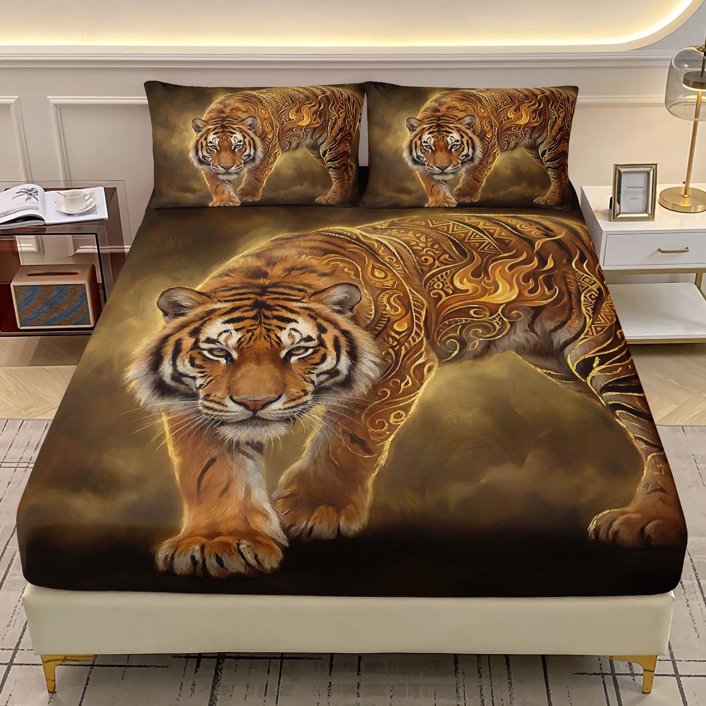 AILONEN Tiger Stripe Twin XL Fitted Sheet Set, Golden Smoke Printed Bedding with 2 Pillowcases, 16 Inch Pocket, Student Apartment Bedroom