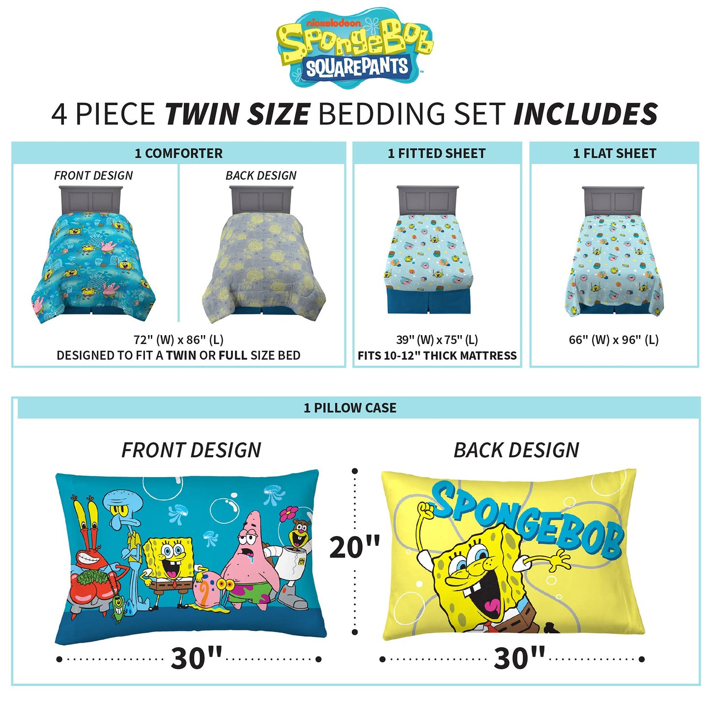 Franco Kids Bedding Super Soft Comforter and Sheet Set, 4 Piece Twin Size, Spongebob