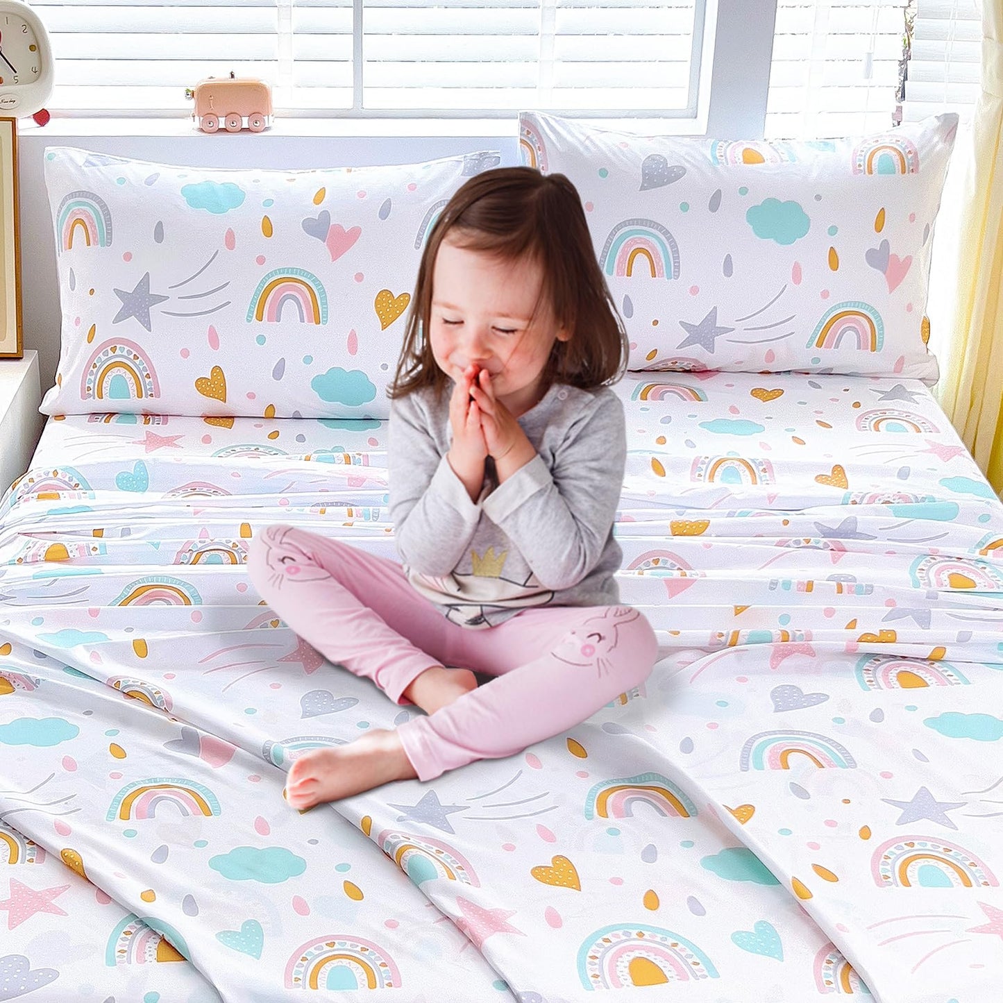 Homilay Full Sheet Set Kids - Sky Blue 4 Pieces Soft Microfiber Cartoon Style Bedsheets for Boys Girls Teens, Oeko TEX Breathable 15 Inch Deep Pocket Sheets(Rainbow)
